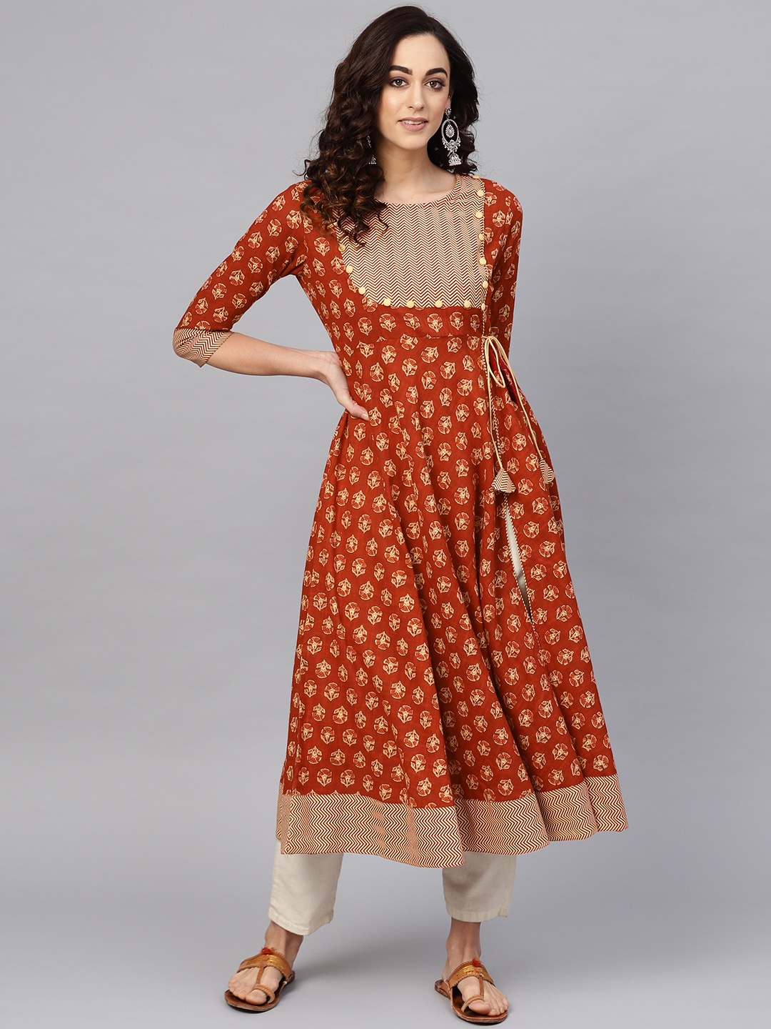 

YASH GALLERY Women Rust Orange & Beige Printed Angrakha Anarkali Kurta