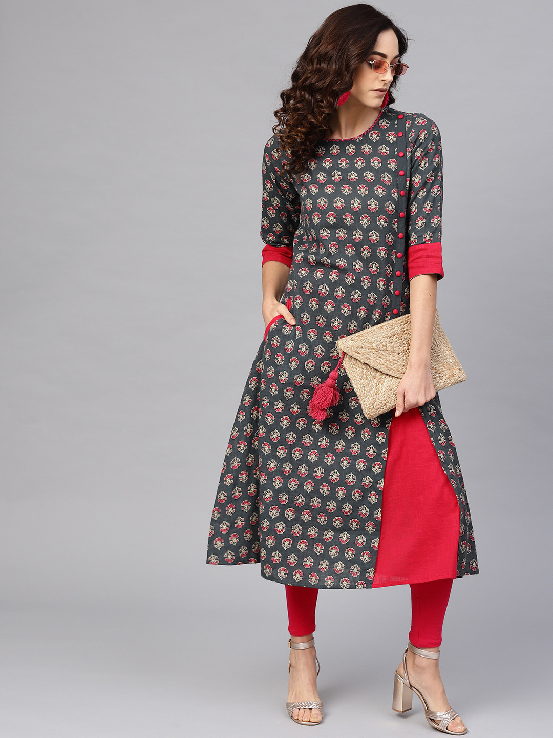 

YASH GALLERY Women Charcoal Grey & Beige Printed A-Line Kurta