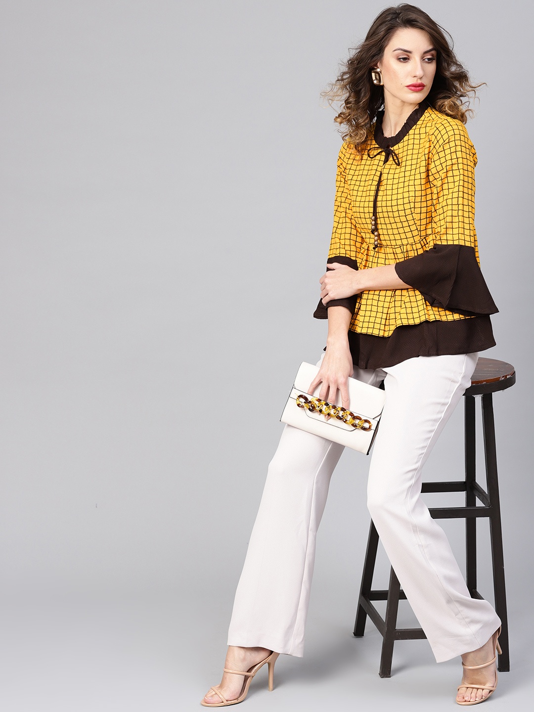 

YASH GALLERY Women Mustard Yellow & Coffee Brown Checked Layered A-Line Top