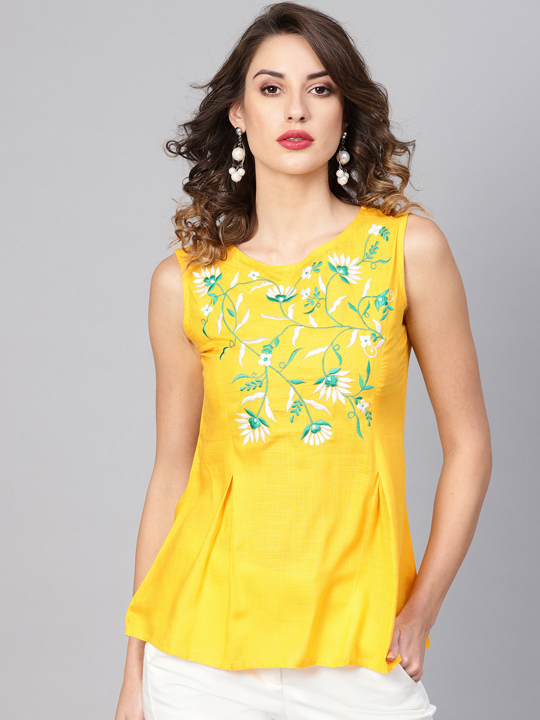 

YASH GALLERY Women Yellow Floral Embroidered A-Line Top
