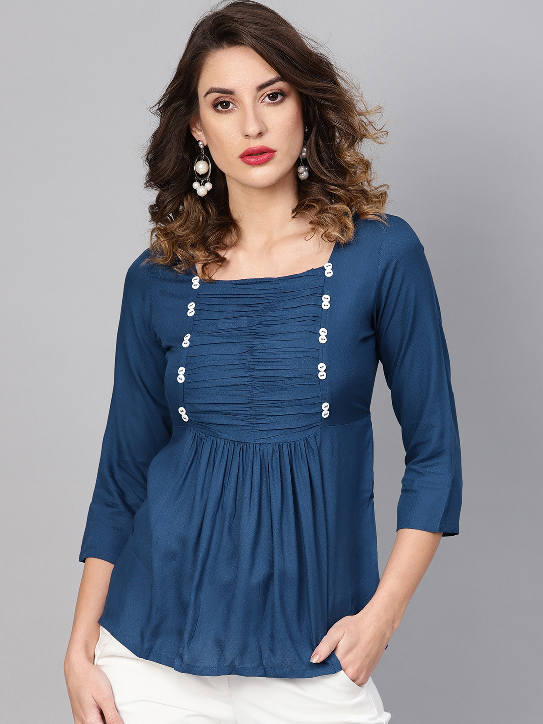 

YASH GALLERY Women Navy Blue Self Design Empire Top