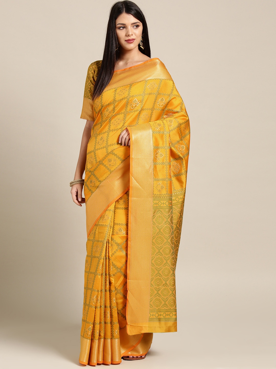 

Saree mall Mustard Yellow & Green Woven Design Banarasi Saree