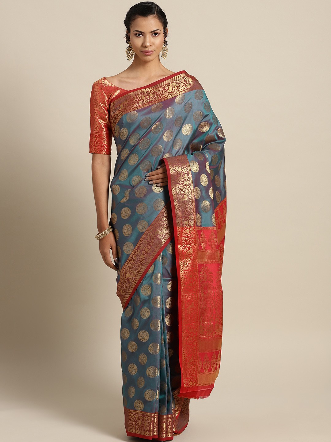 

Saree mall Teal Blue & Golden Woven Design Banarasi Saree
