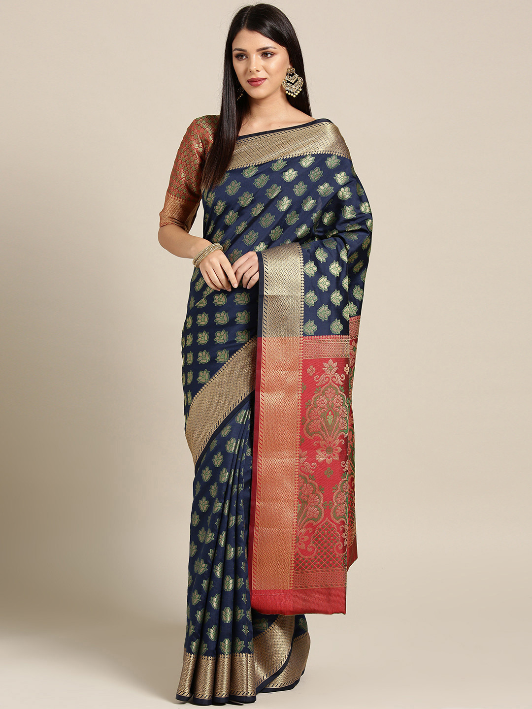 

Saree mall Navy Blue & Golden Woven Design Banarasi Saree