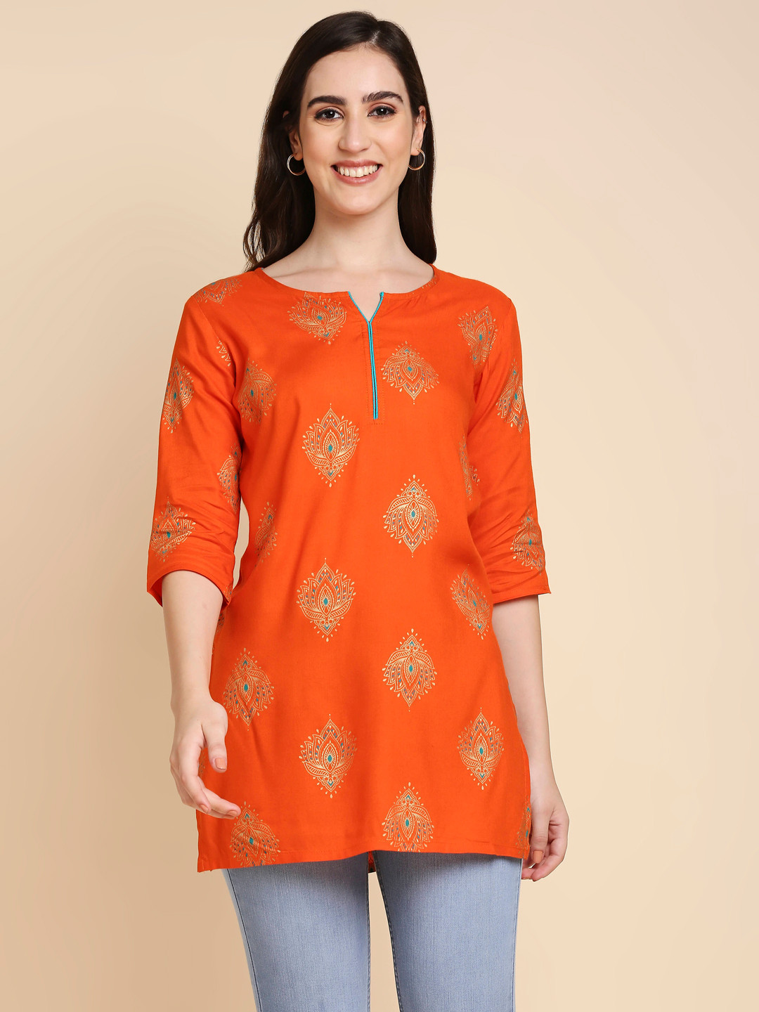 

Anubhutee Orange & Golden Printed Straight Kurti