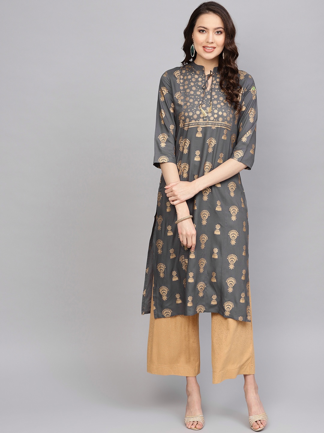 

Anubhutee Women Charcoal Grey & Golden Foil Print Straight Kurta