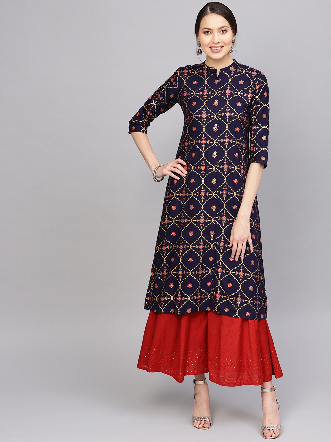 

Anubhutee Women Navy Blue & Golden Printed A-Line Kurta