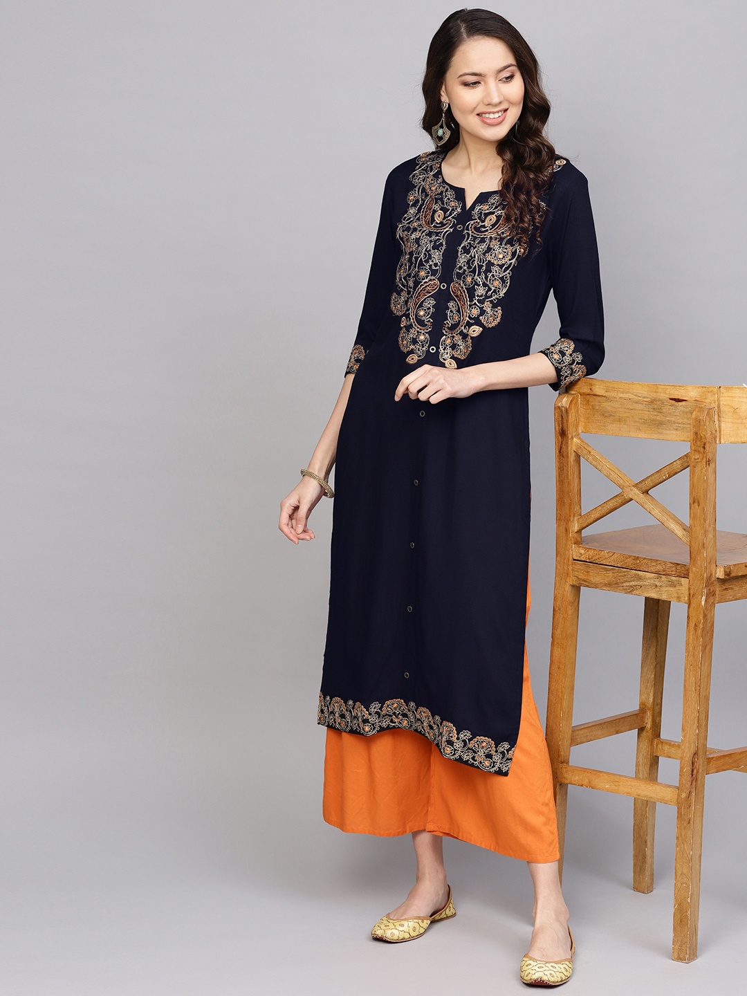 

Anubhutee Women Navy Blue Yoke Design Straight Kurta