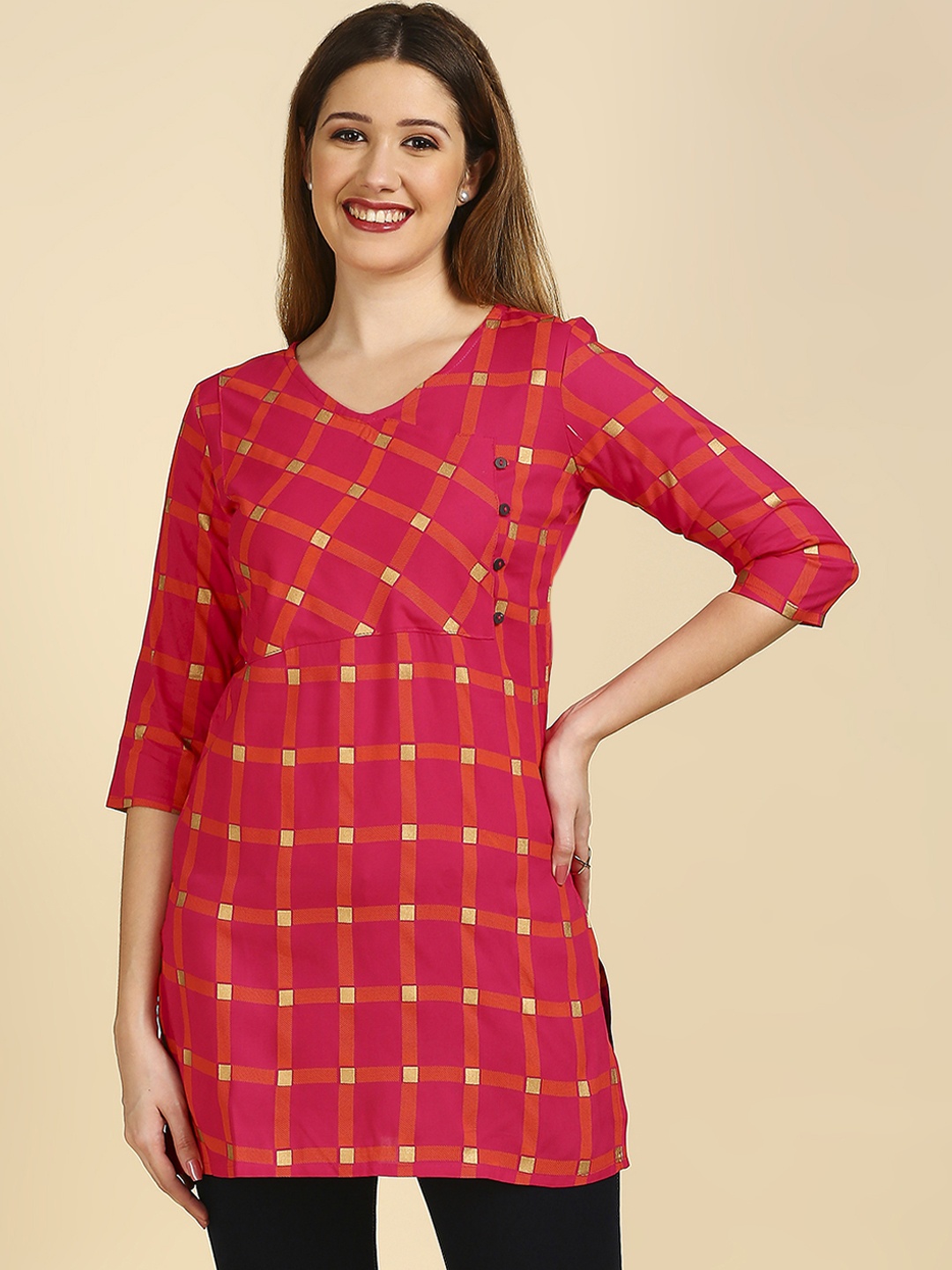 

Anubhutee Magenta & Orange Checked Angrakha Kurti
