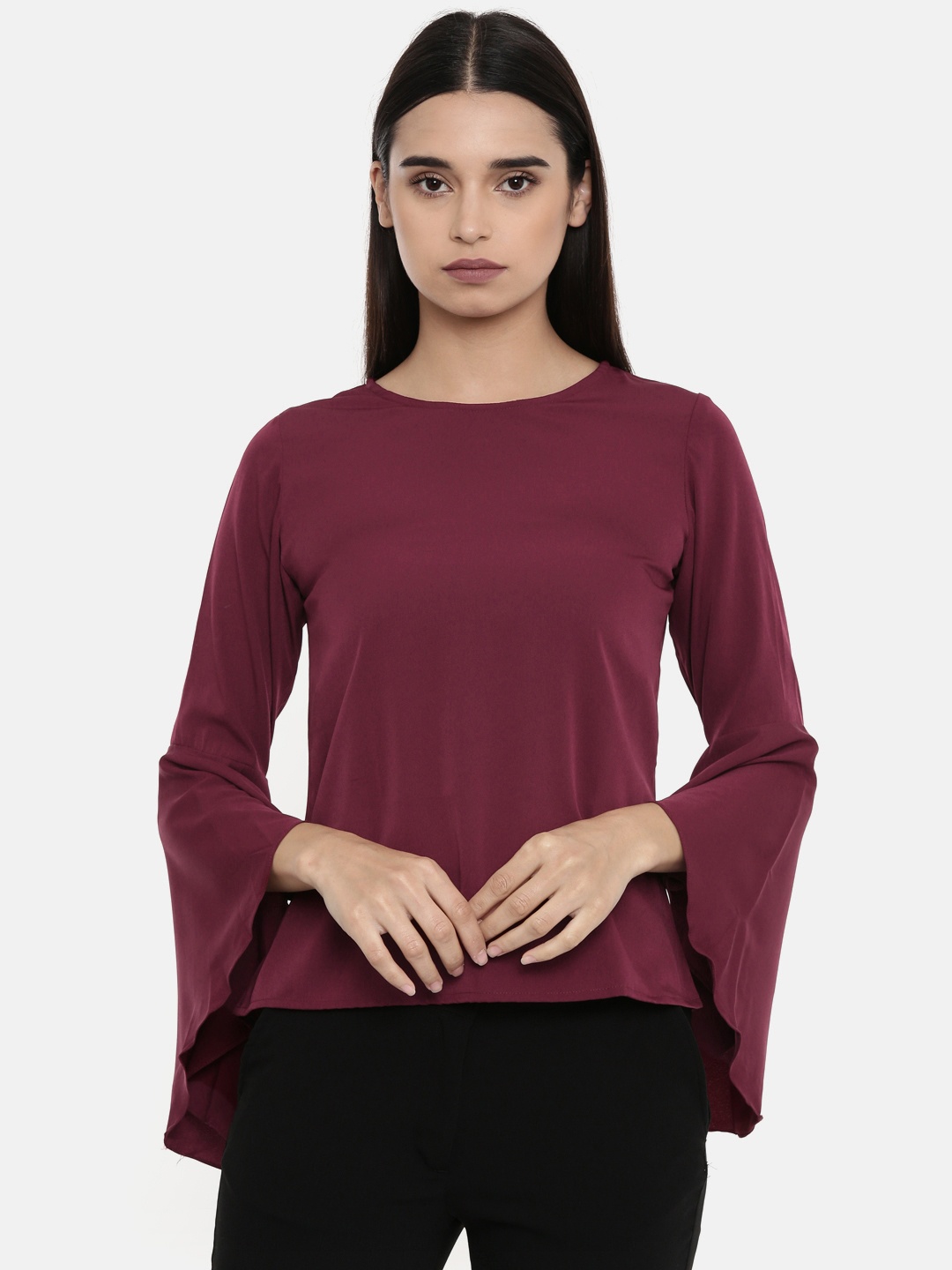 

Uptownie Lite Women Maroon Bell Sleeve Solid Top