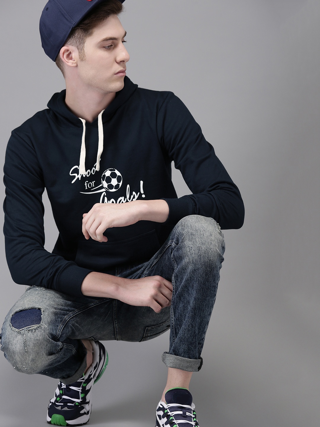 

Campus Sutra Men Navy Blue Printed Hooded Sweatshirt