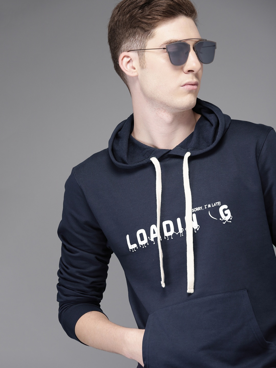 

Campus Sutra Men Navy Blue Printed Hooded Sweatshirt