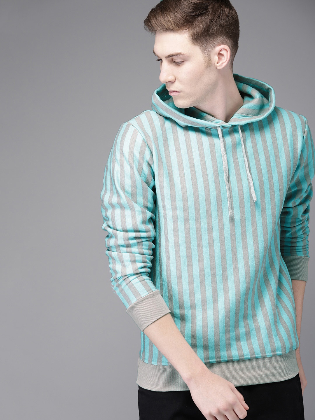 

Campus Sutra Men Turquoise Blue & Grey Striped Hooded Sweatshirt