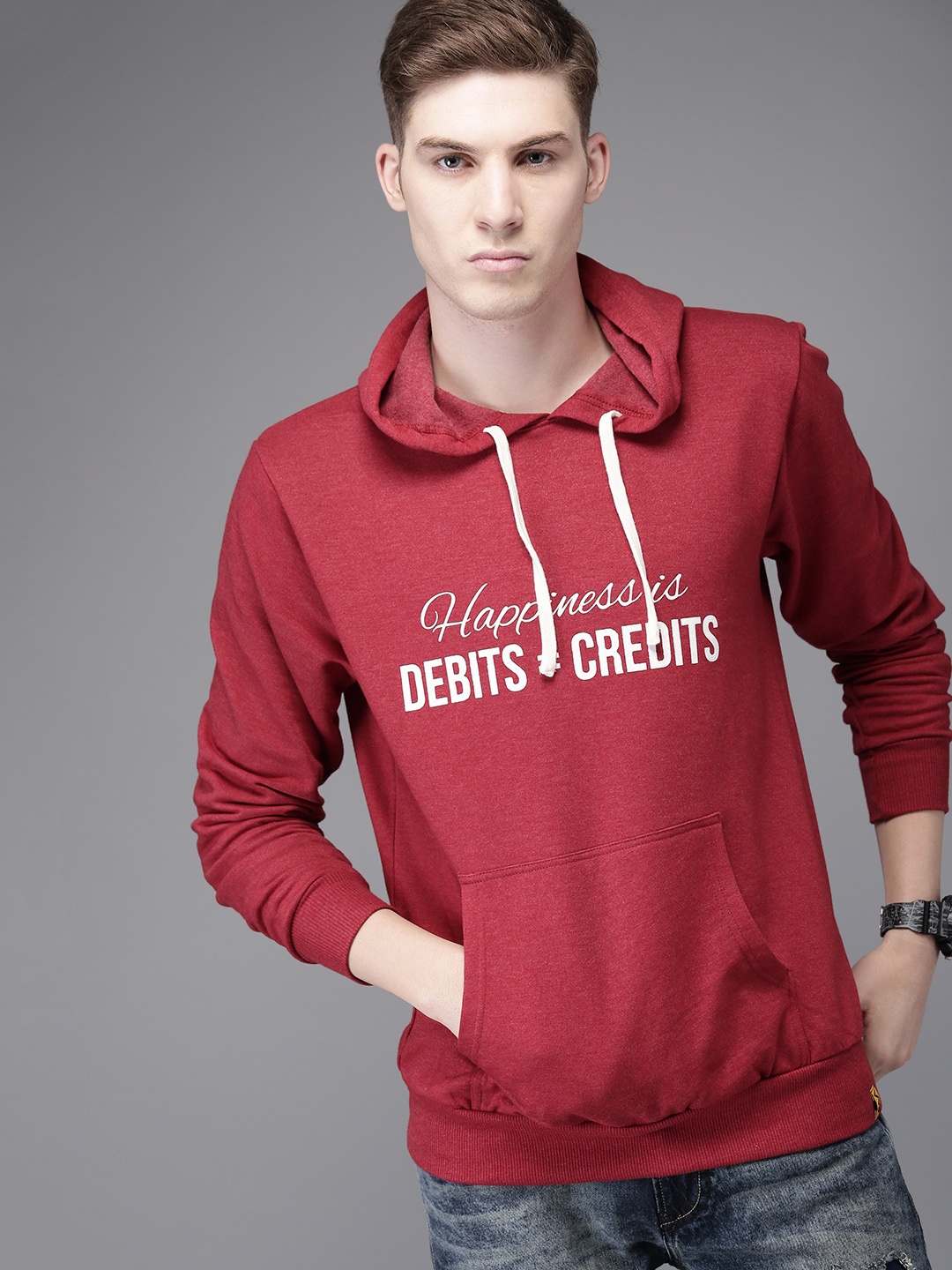 

Campus Sutra Men Maroon Printed Hooded Sweatshirt