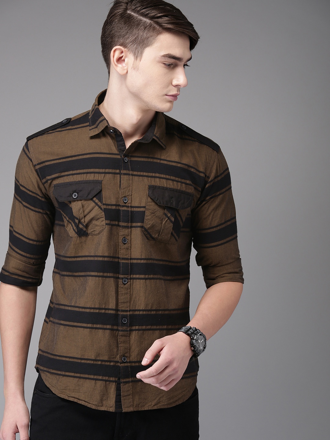 

Campus Sutra Men Brown & Black Regular Fit Striped Casual Shirt