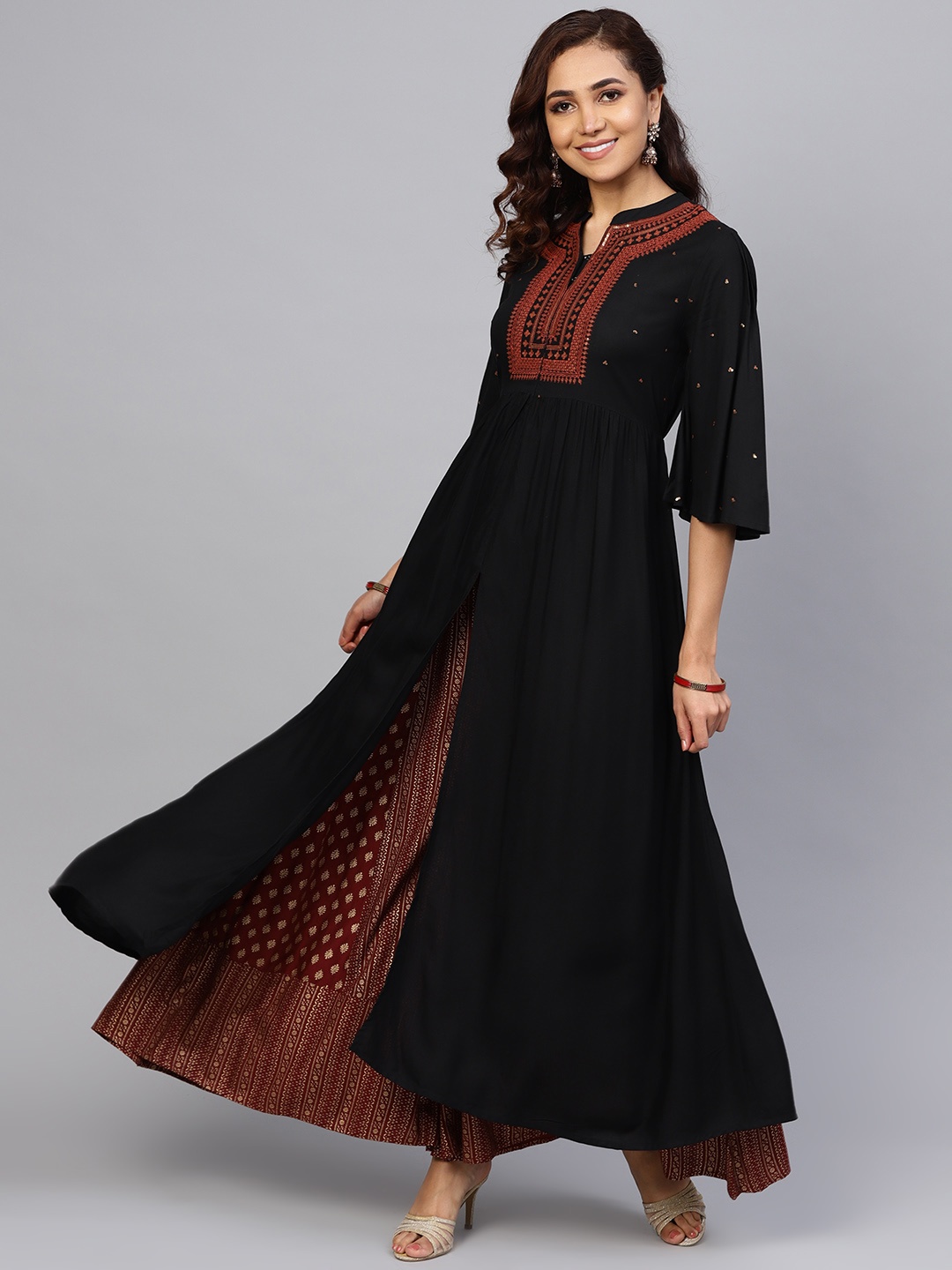 

Juniper Women Black & Maroon Yoke Design Kurta with Palazzos