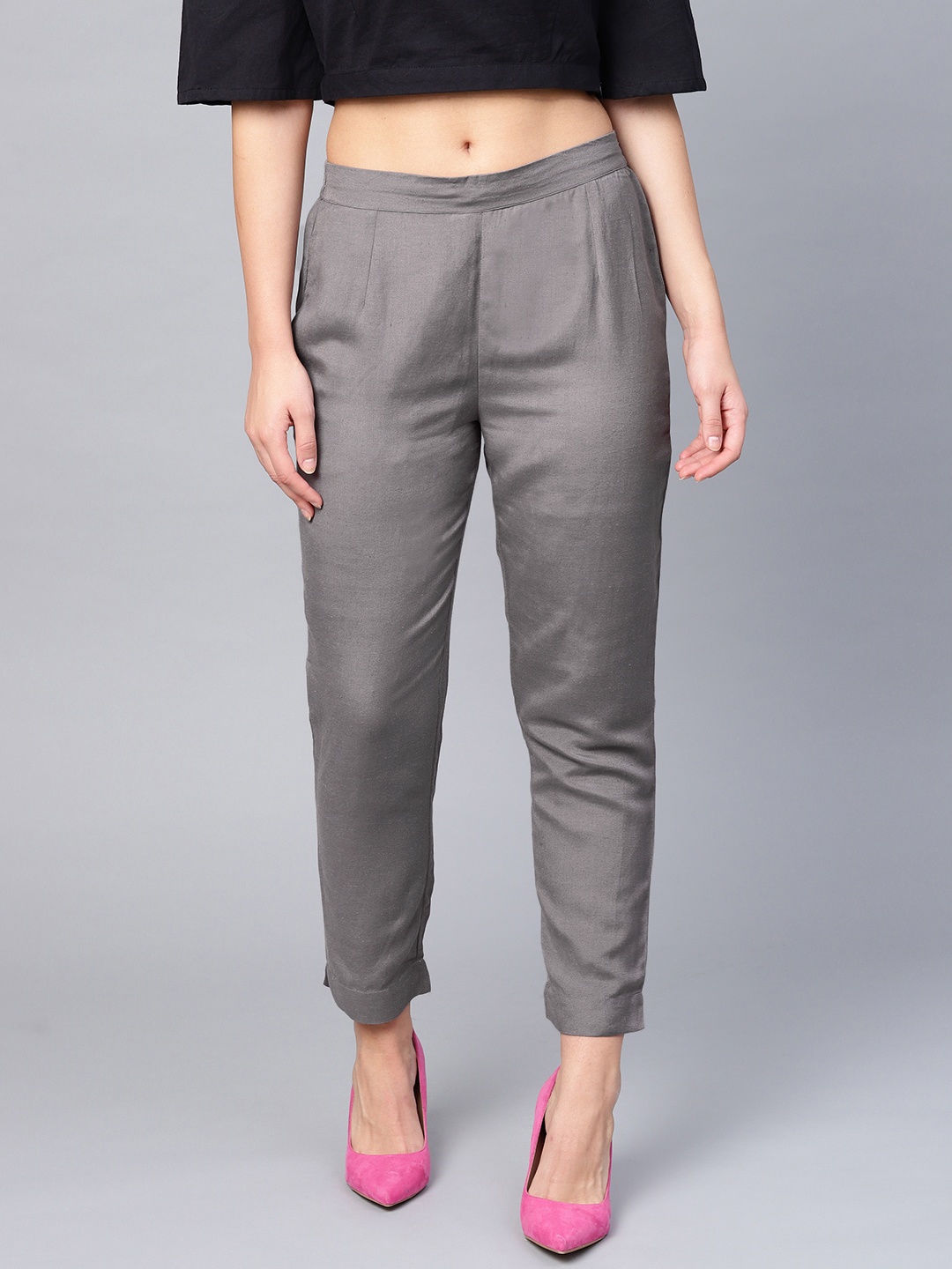 

Juniper Women Grey Smart Slim Fit Solid Cigarette Trousers