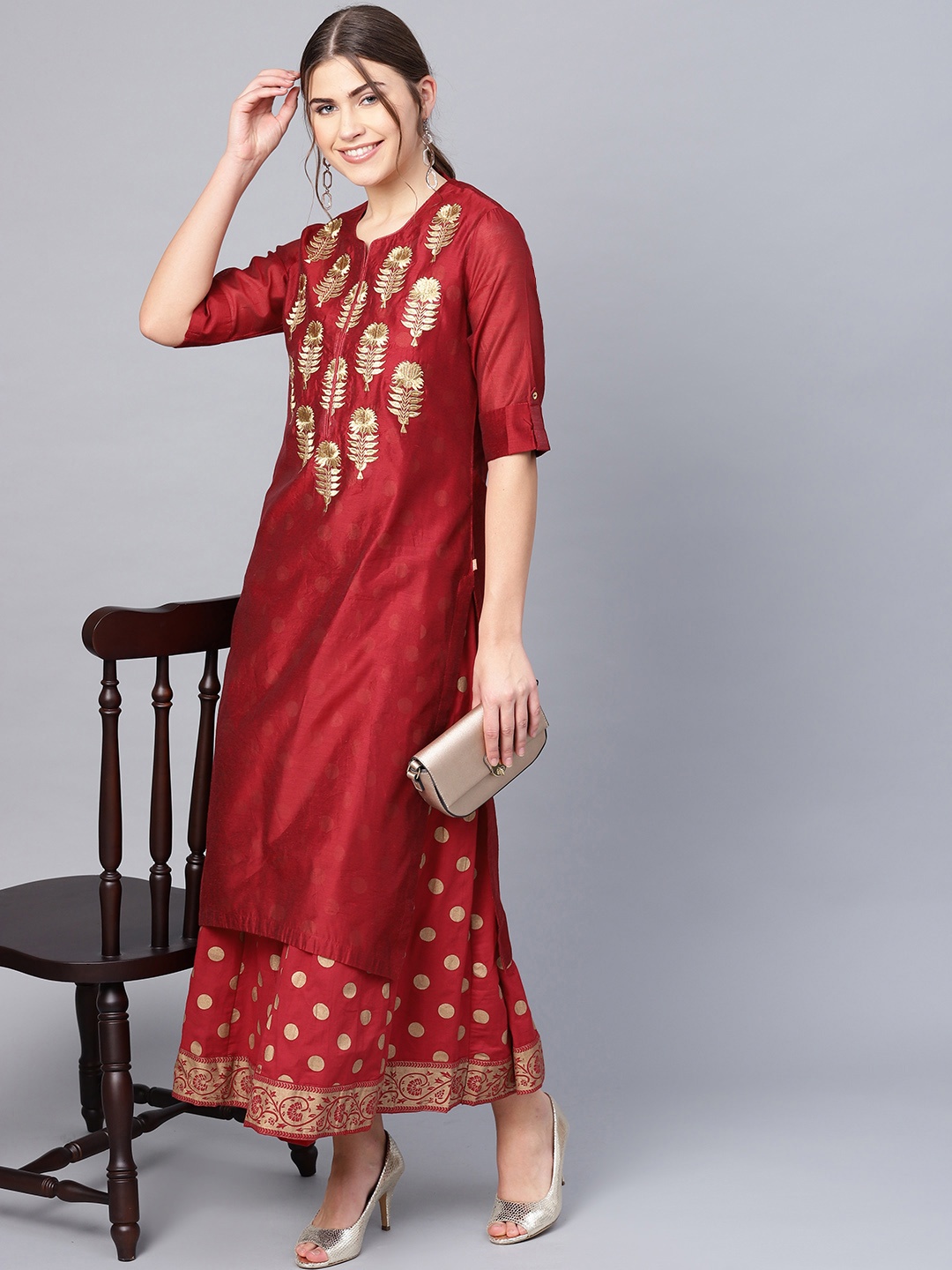 

Juniper Maroon & Golden Printed Layered Maxi Dress