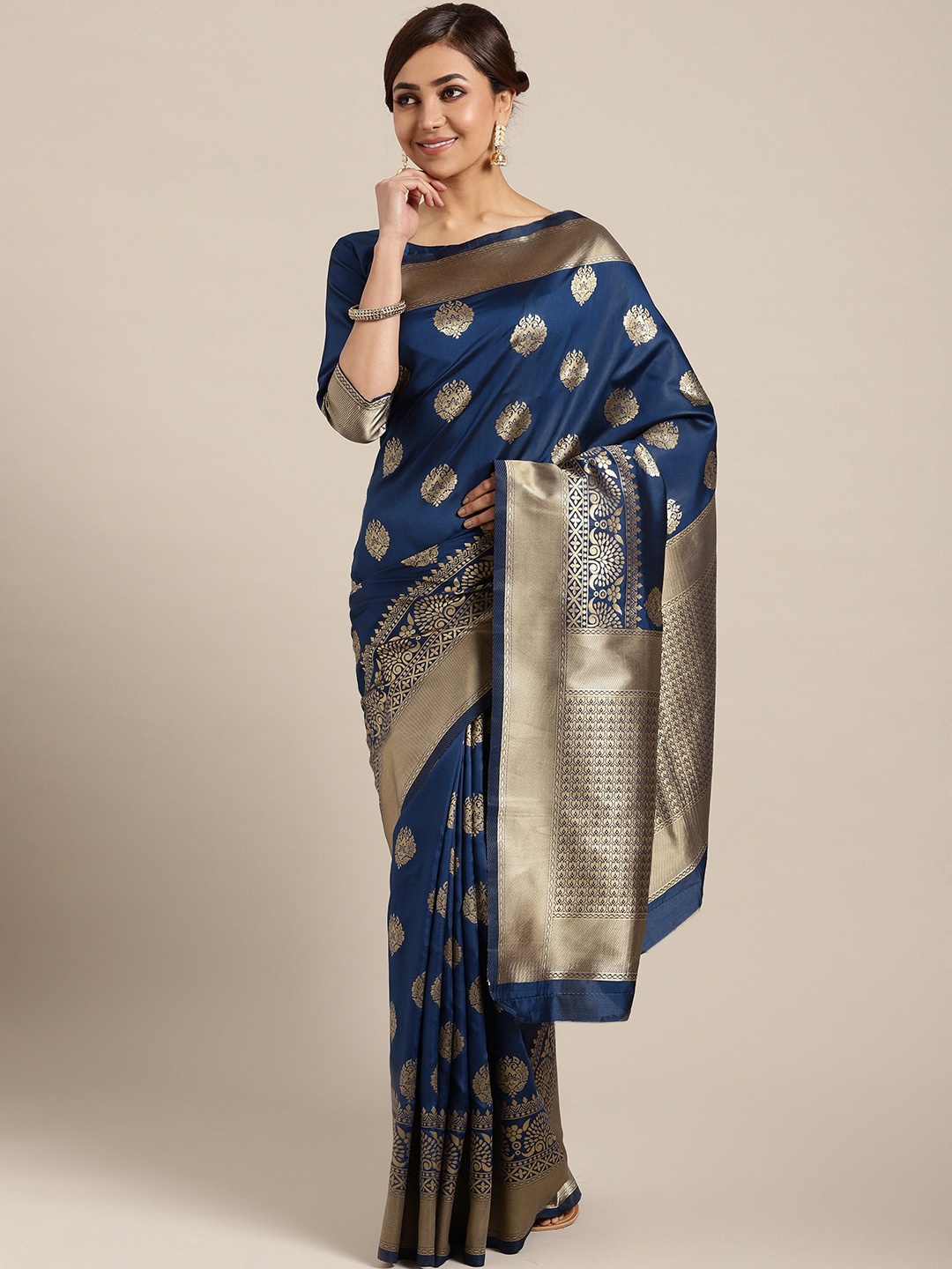 

Om Shantam Sarees Navy Blue & Golden Woven Design Kanjeevaram Saree