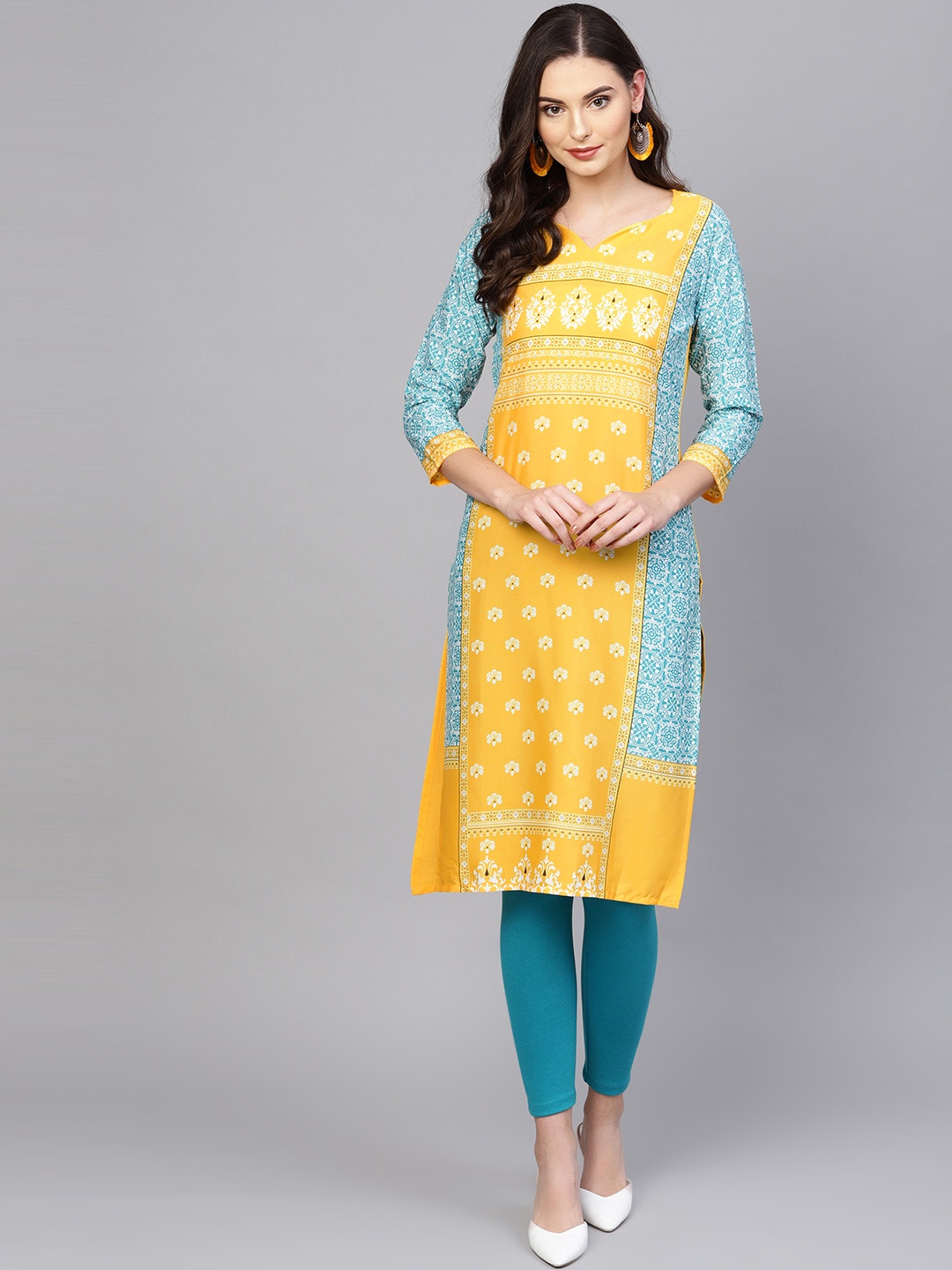 

AHIKA Women Yellow & Blue Printed Straight Kurta