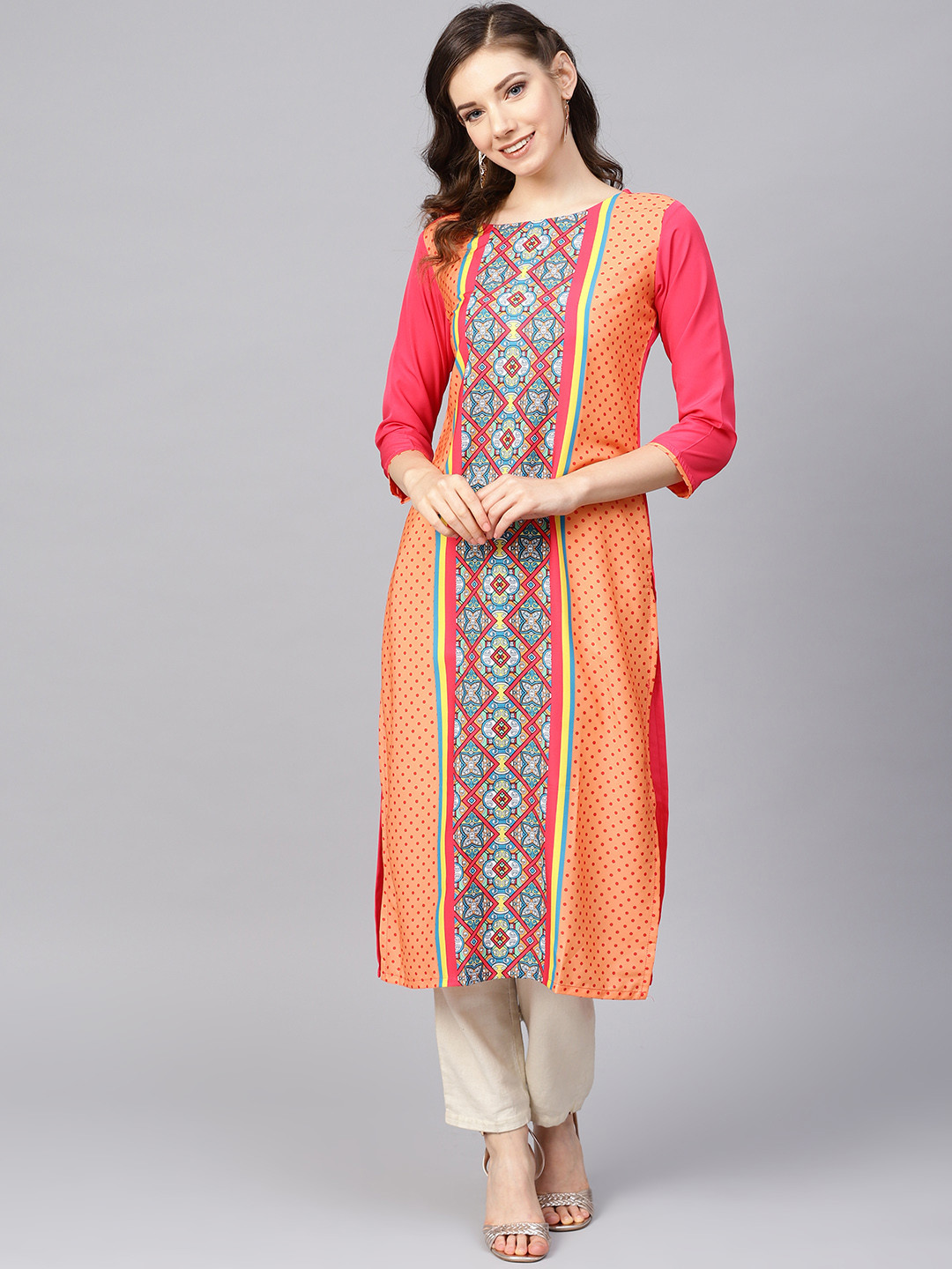 

AHIKA Women Orange & Pink Printed Straight Kurta