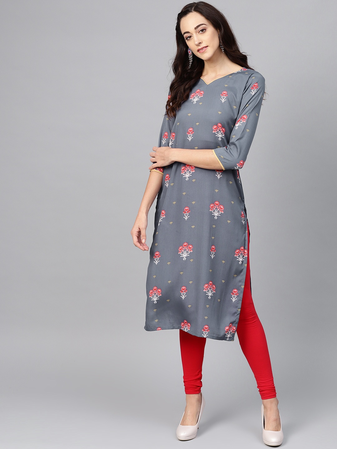 

AHIKA Women Charcoal Grey & Pink Printed Straight Kurta