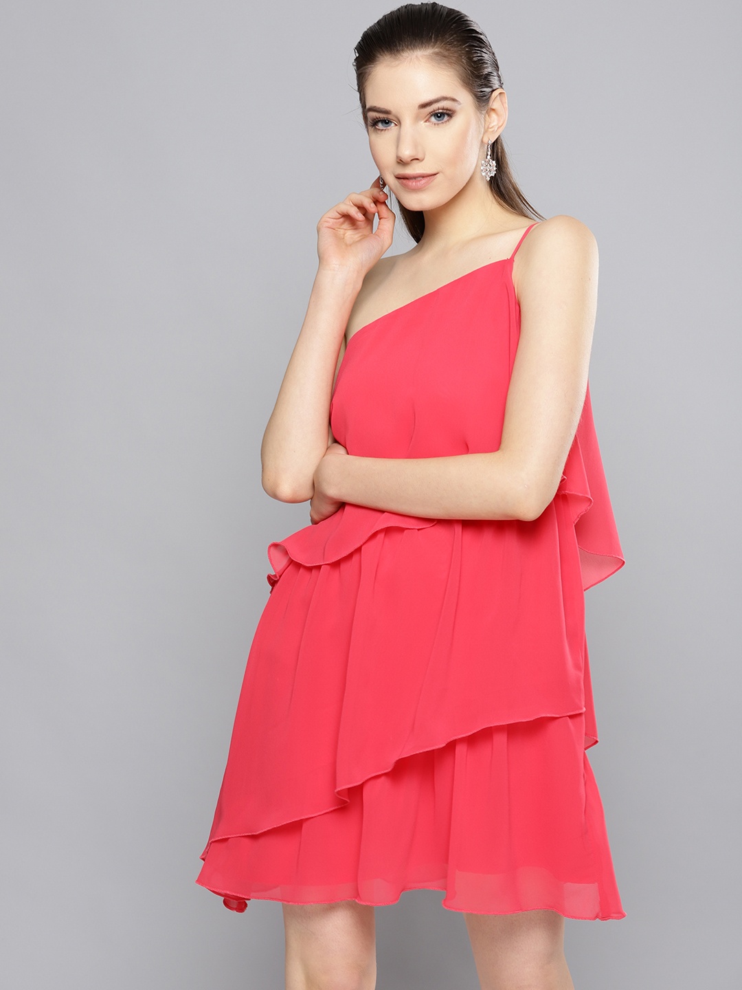 

Besiva Women Coral Pink Solid One Shoulder Tiered A-Line Dress