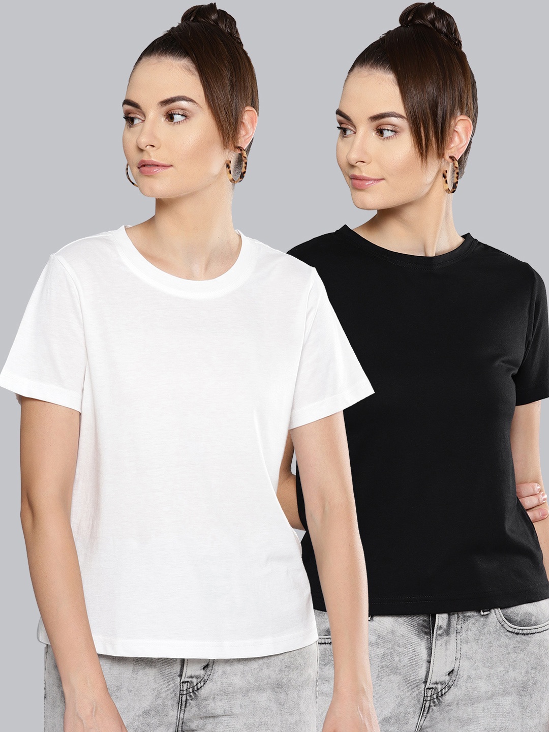 

Besiva Women Pack of 2 Solid Round Neck T-shirts, Black