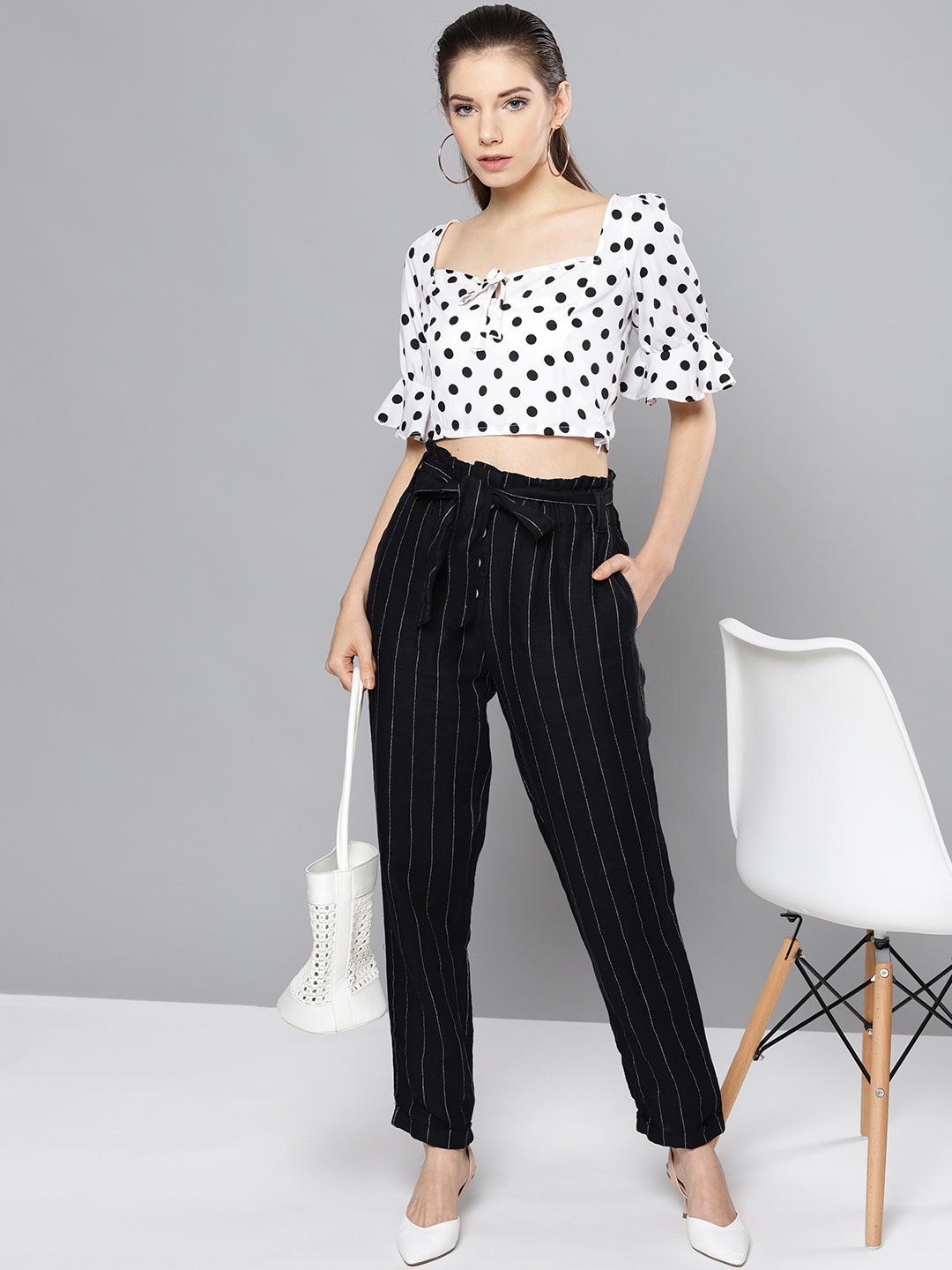 

Besiva Women White & Black Polka Dots Print Crop Top