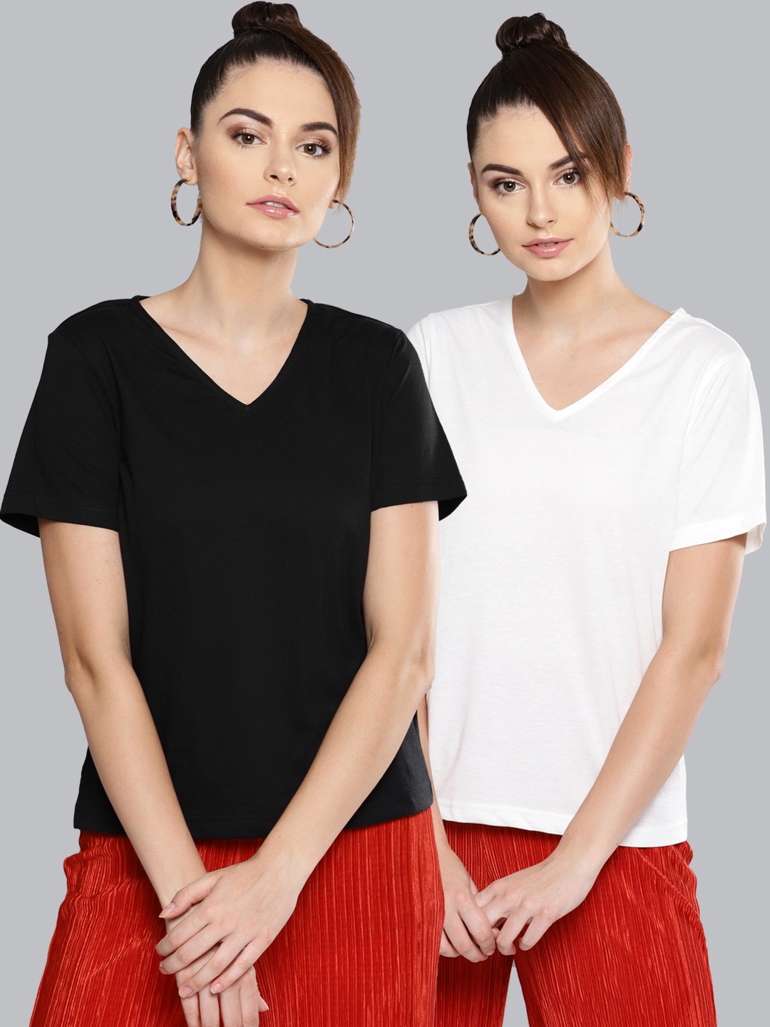 

Besiva Women Pack of 2 Solid V-Neck T-shirts, Black