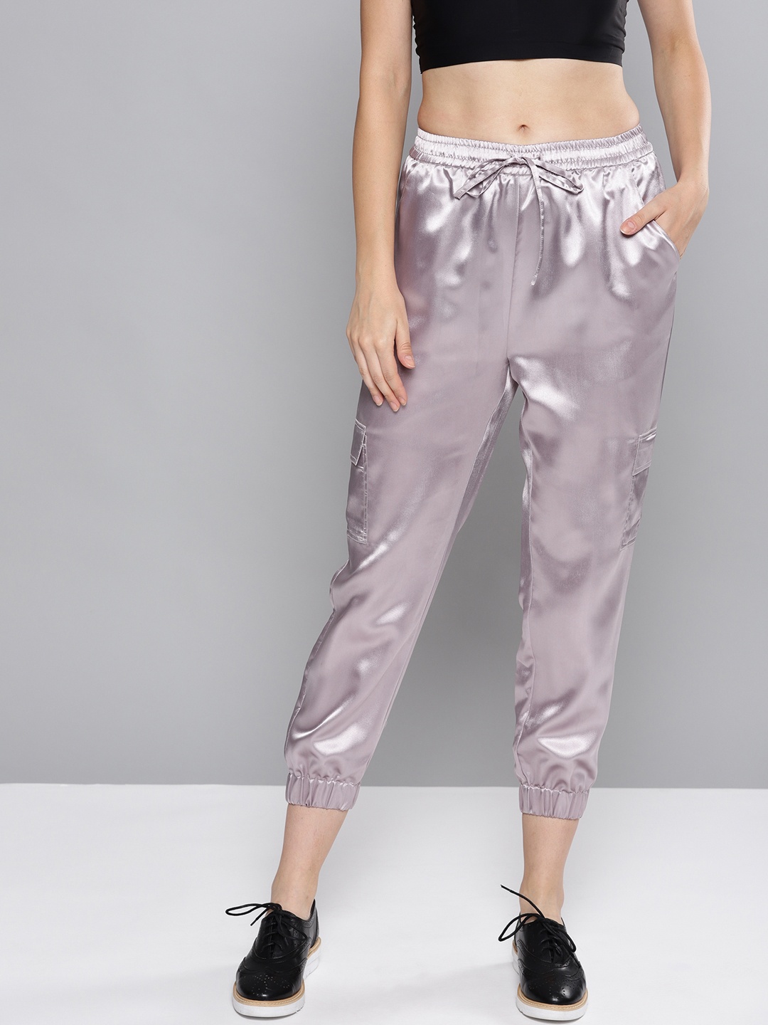 

Besiva Women Mauve Satin Finish Loose Fit Solid Cropped Joggers