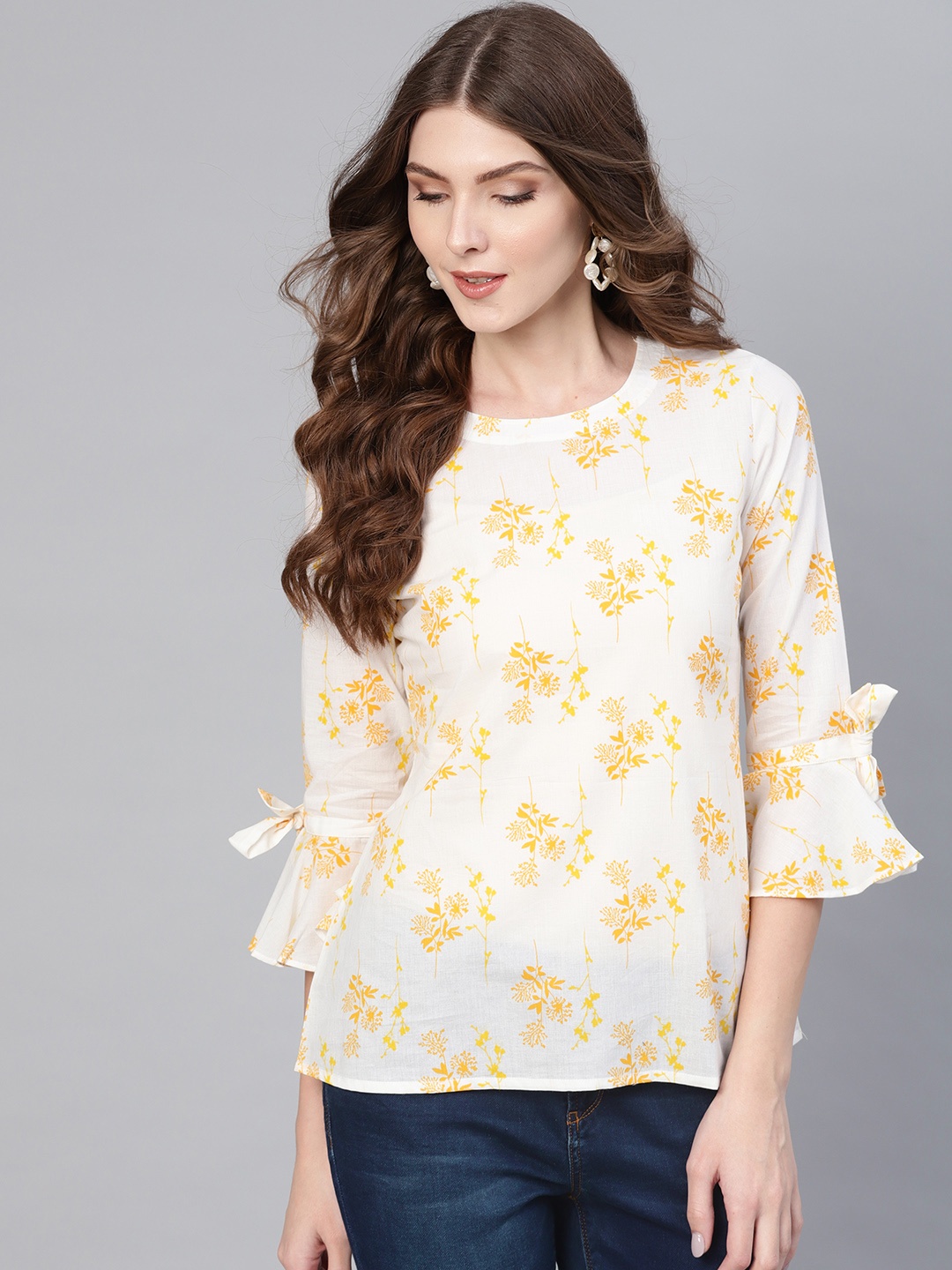 

AASI - HOUSE OF NAYO Women Off-White & Yellow Printed Top