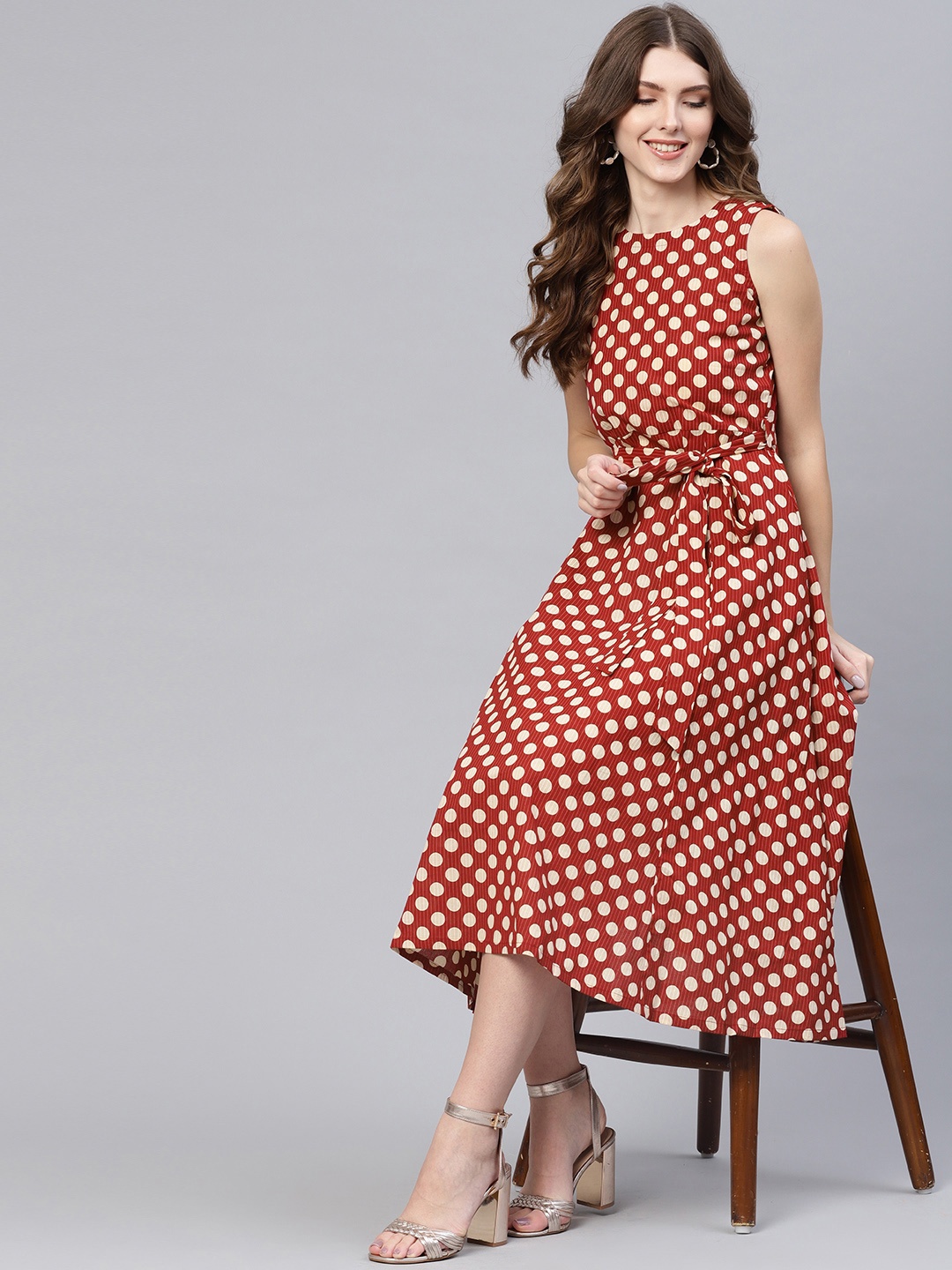 

AASI - HOUSE OF NAYO Maroon & Off-White Polka Dots Printed Cotton A-Line Dress