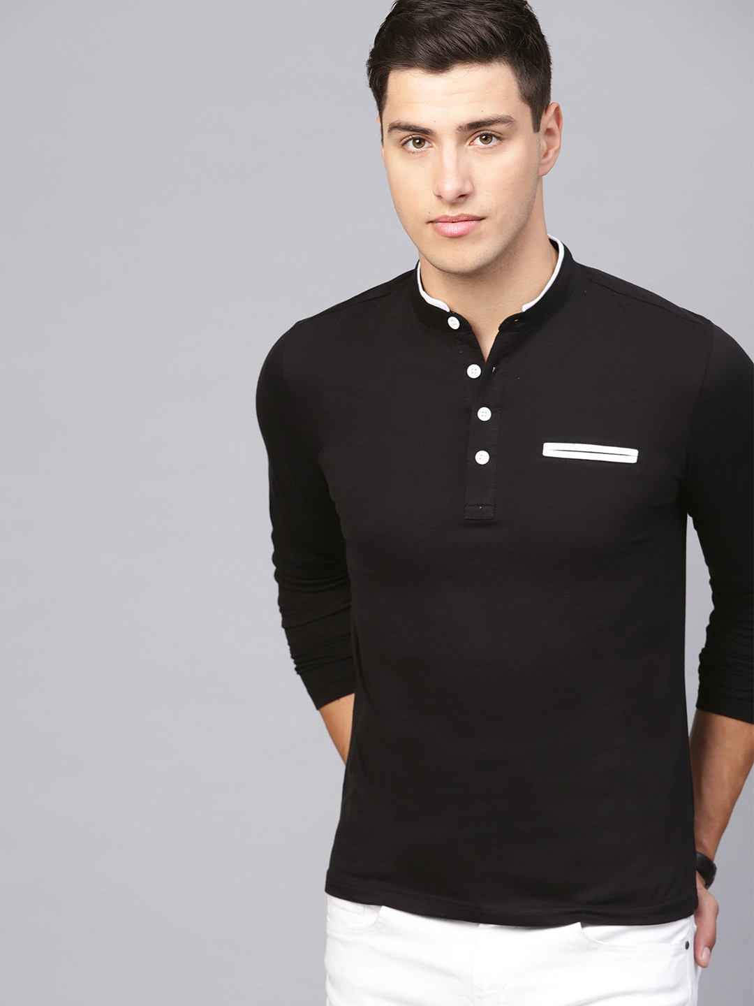 

Seven Rocks Men Black Slim Fit Solid Mandarin Collar T-shirt