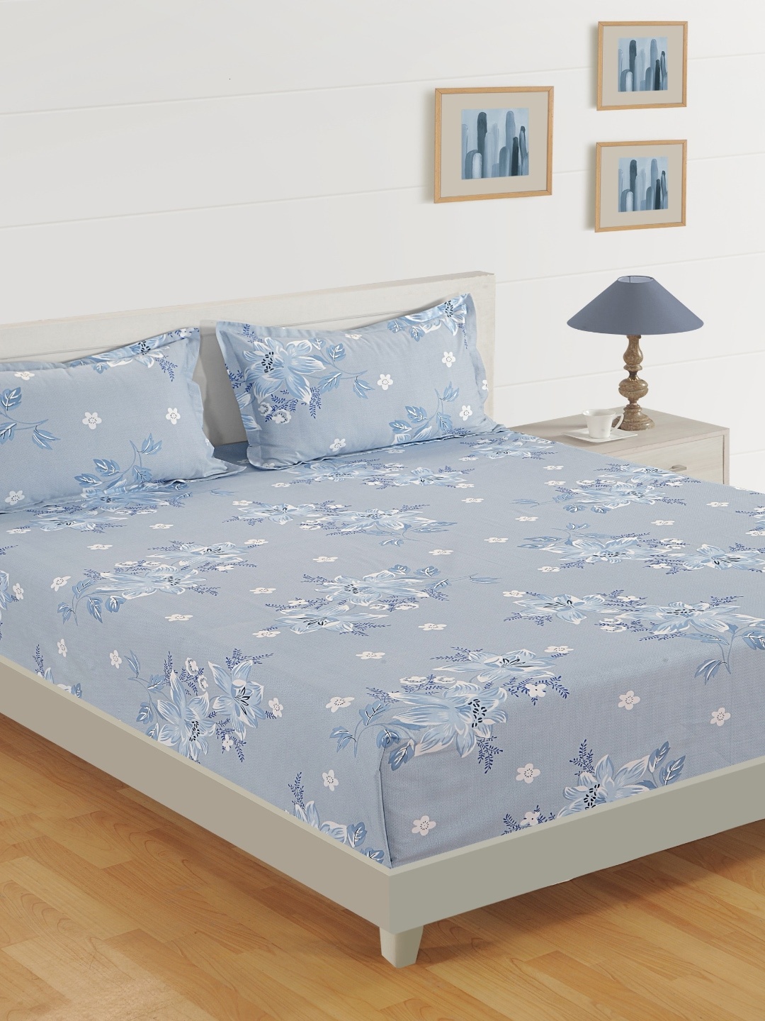 

SWAYAM Blue Floral 160 TC Cotton 1 King Bedsheet with 2 Pillow Covers