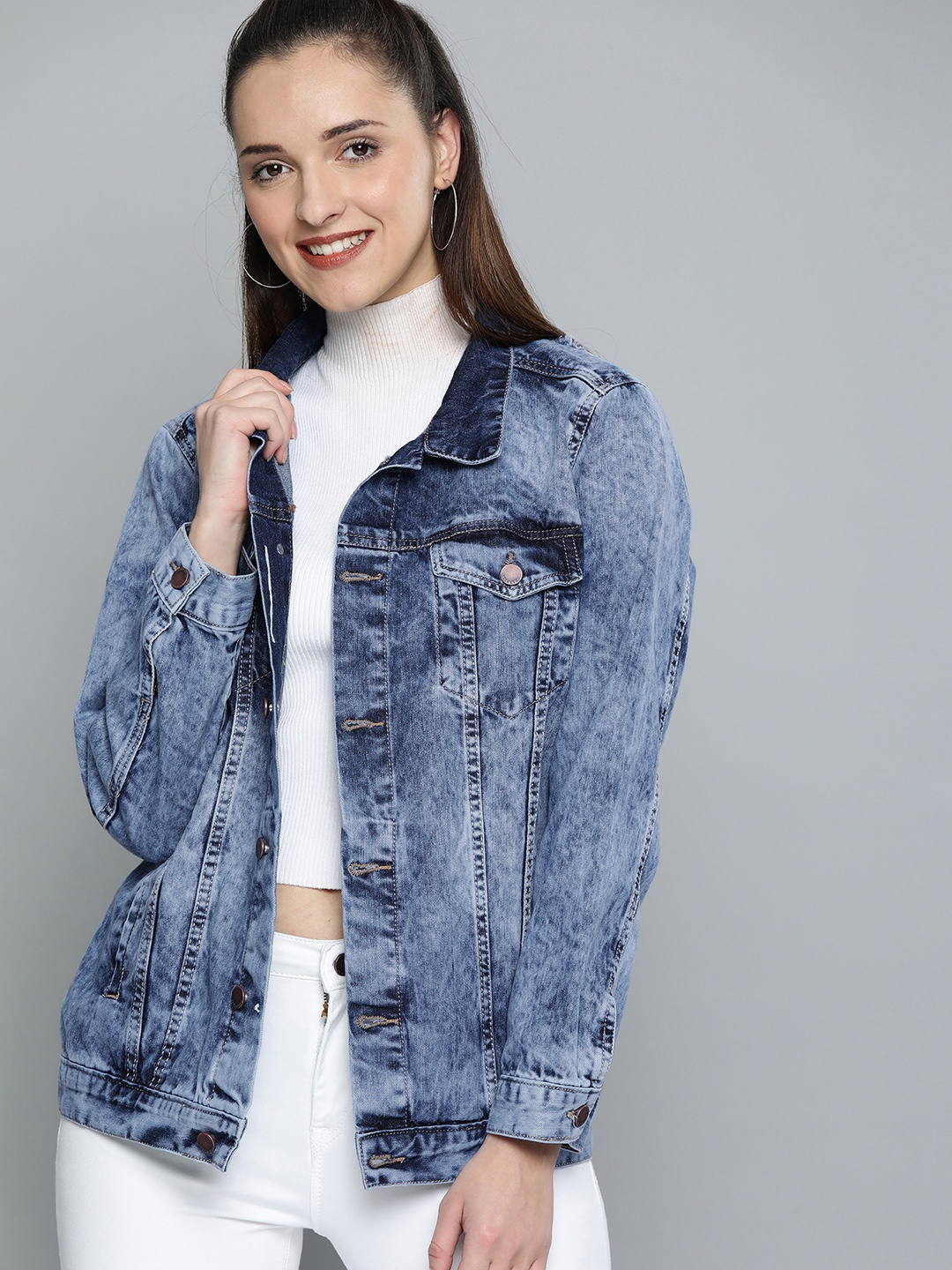 

HERE&NOW Women Blue Solid Denim Jacket