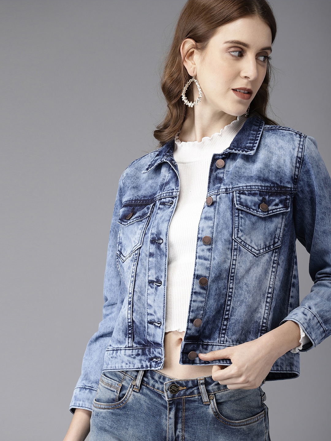 

HERE&NOW Women Blue Washed Cropped Denim Jacket
