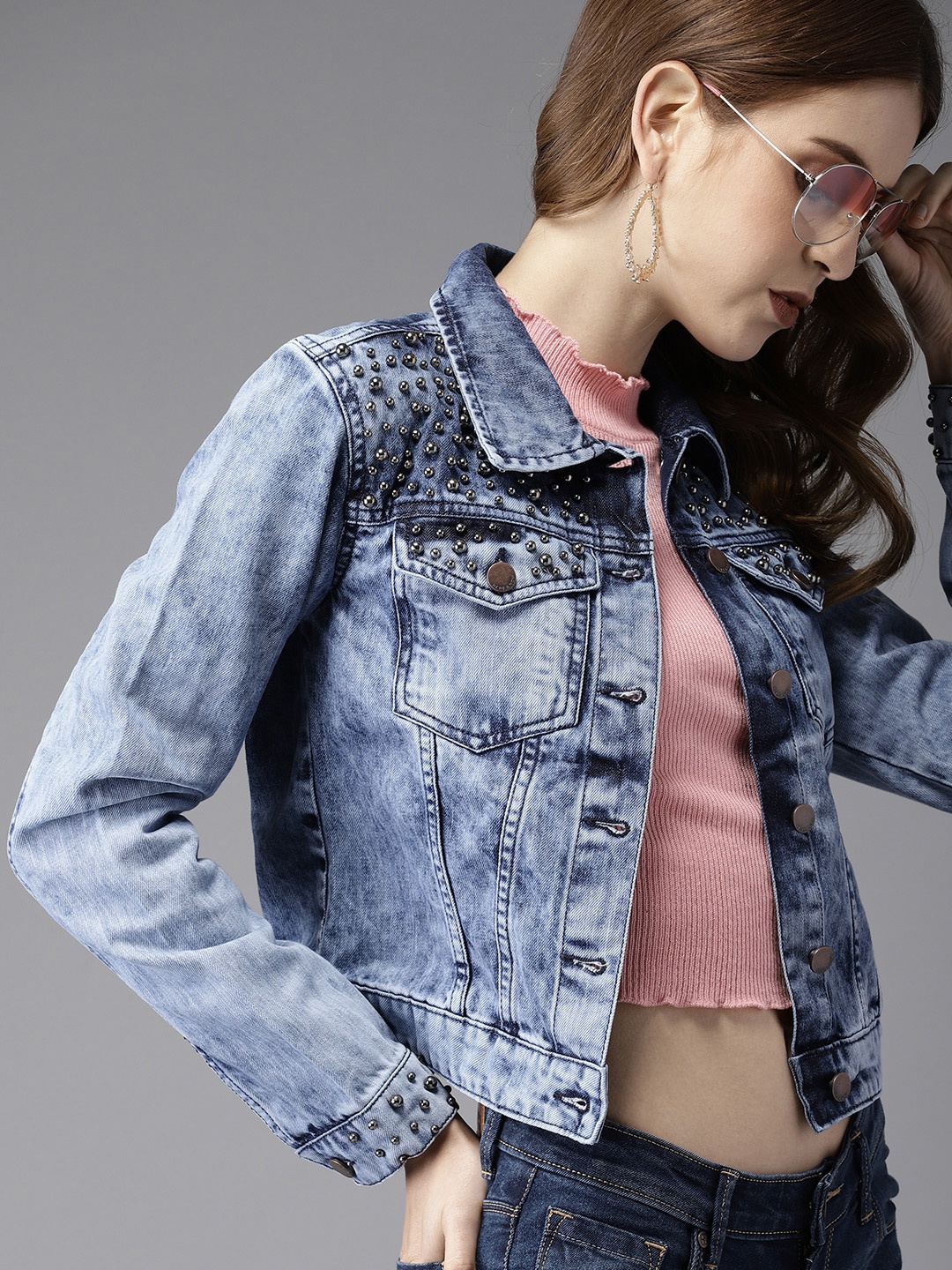 

HERE&NOW Women Blue Washed Studded Cropped Denim Jacket