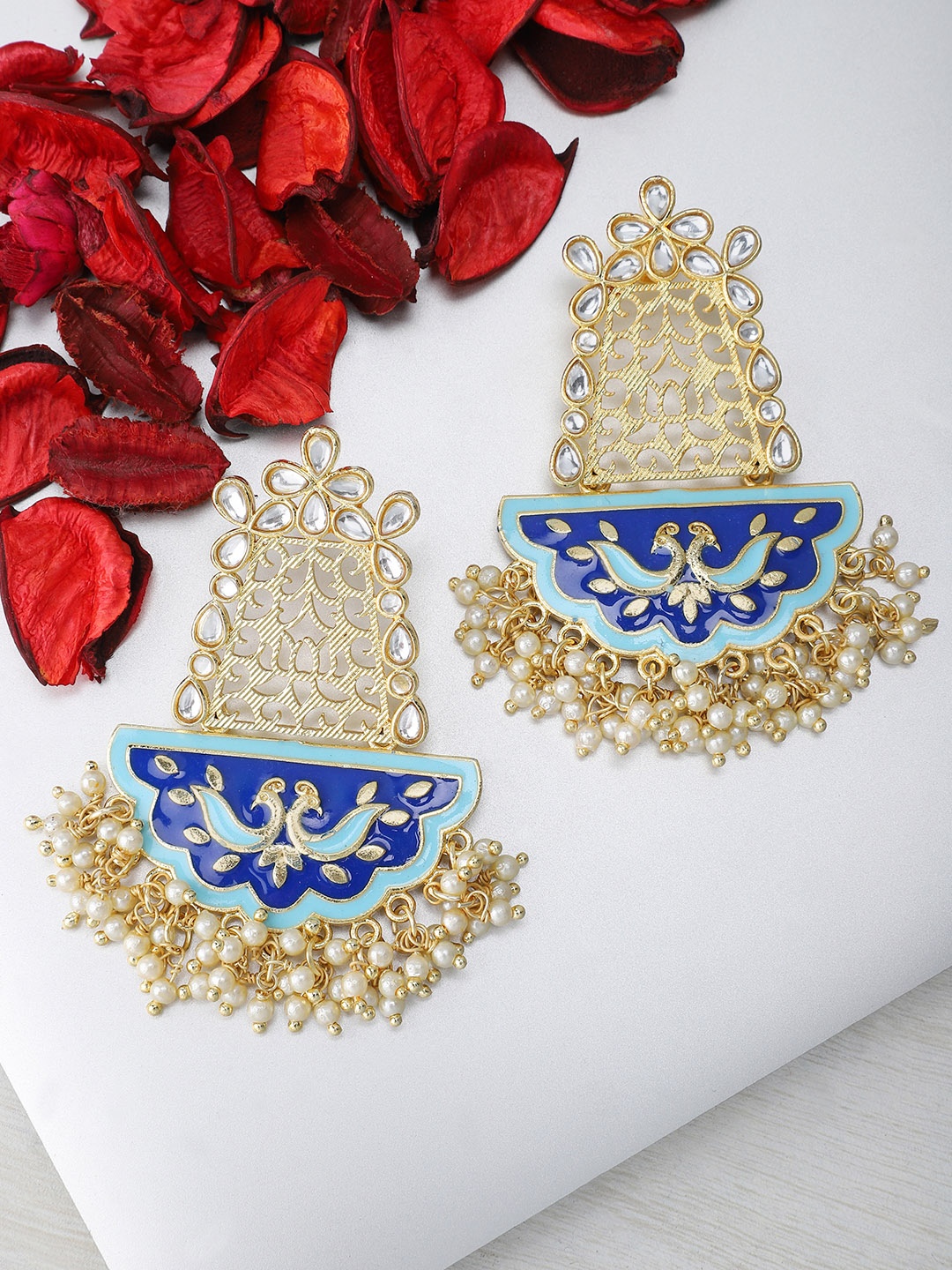 

Rubans Women Gold-Plated Blue Handcrafted Leaf Shaped Drop Earrings