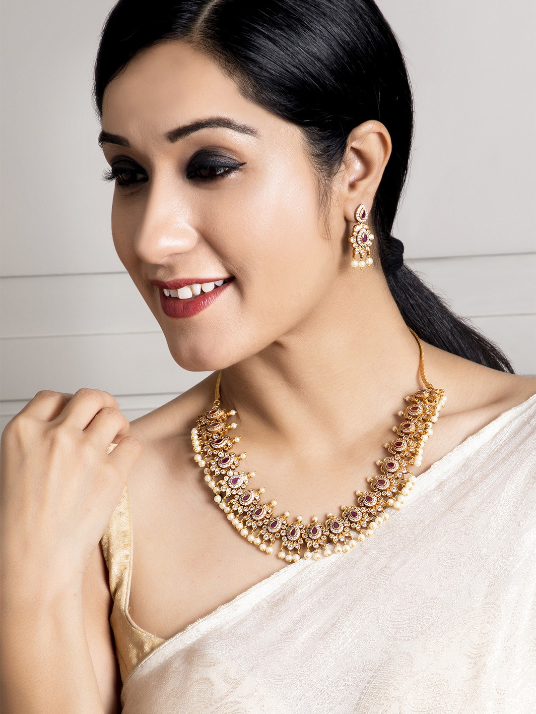 

Rubans Women Gold-Plated & Red Stone & Pearl Handcrafted Jewellery Set