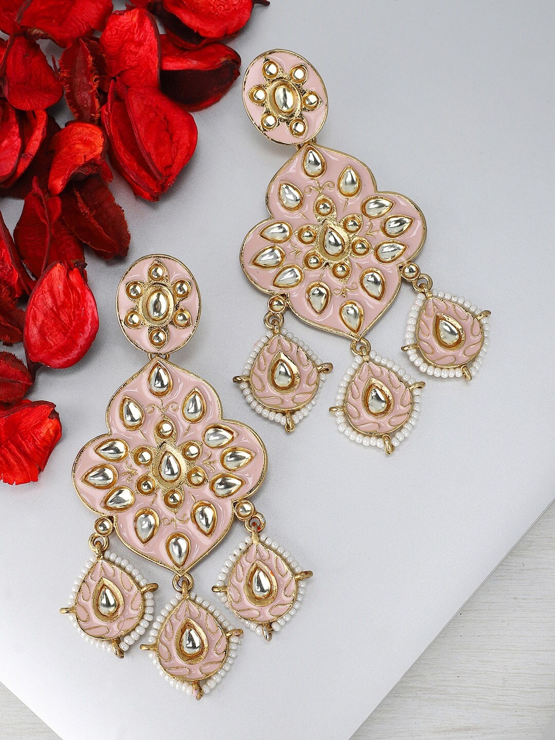 

Rubans Gold-Plated & Pink Leaf Shaped Enamelled Hand Painted Drop Earrings