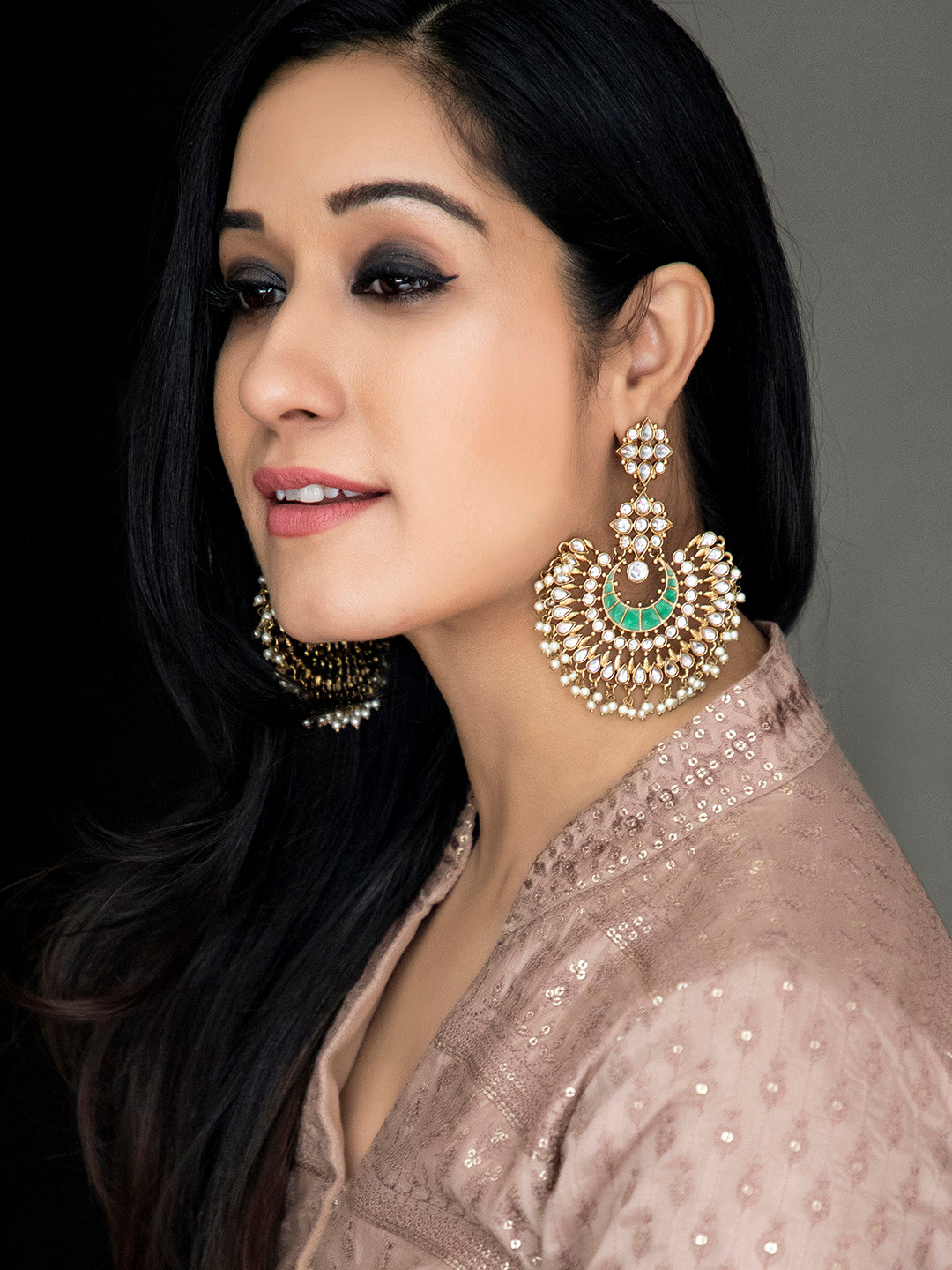 

Rubans Gold-Plated & Green Crescent Shaped Handcrafted Chandbalis