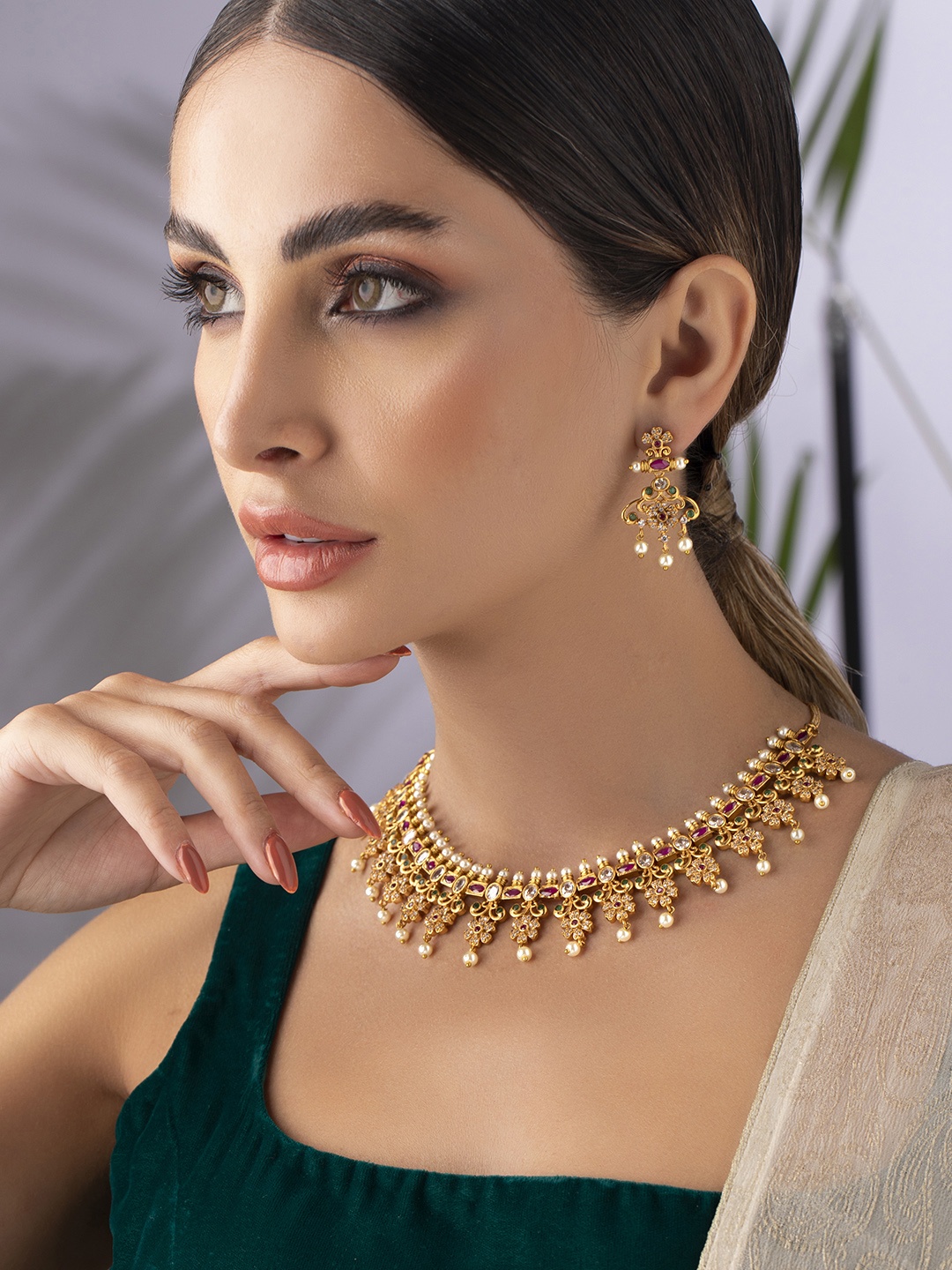 

Rubans Women Gold-Plated & Pink Stone & Pearl CZ Studded Embellished Jewellery Set