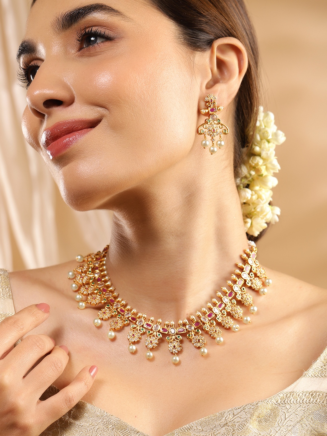 

Rubans 22K Gold Plated Ruby Pink, Emerald & Cubic Zirconia Studded Jewellery Set