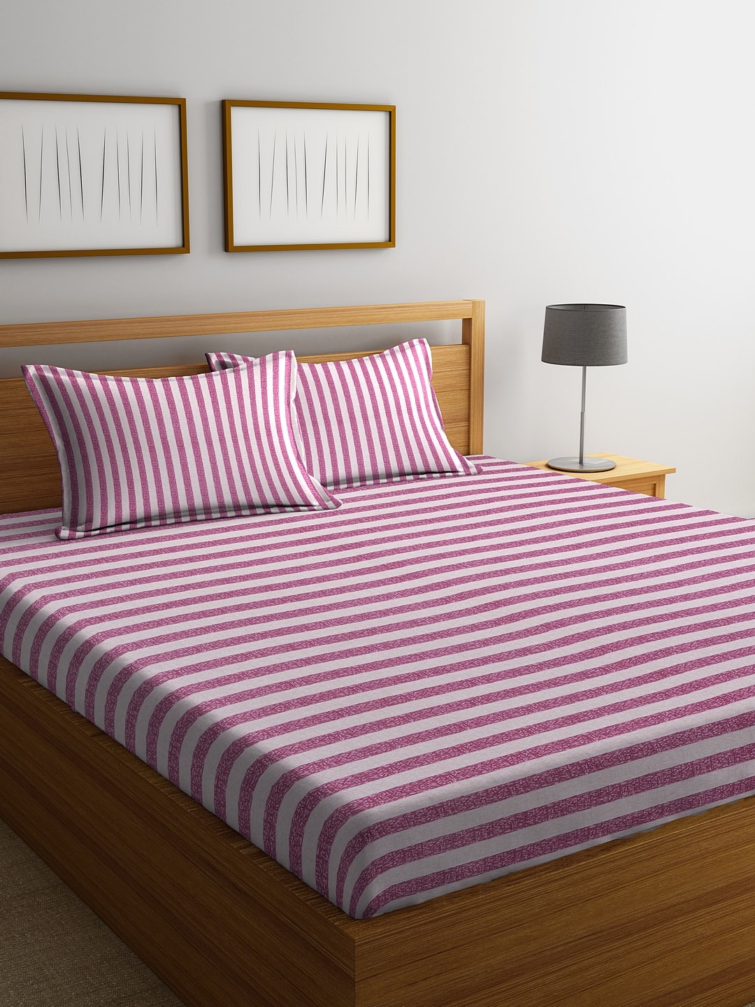 

Cortina Pink Striped 144 TC Cotton 1 Queen Bedsheet with 2 Pillow Covers