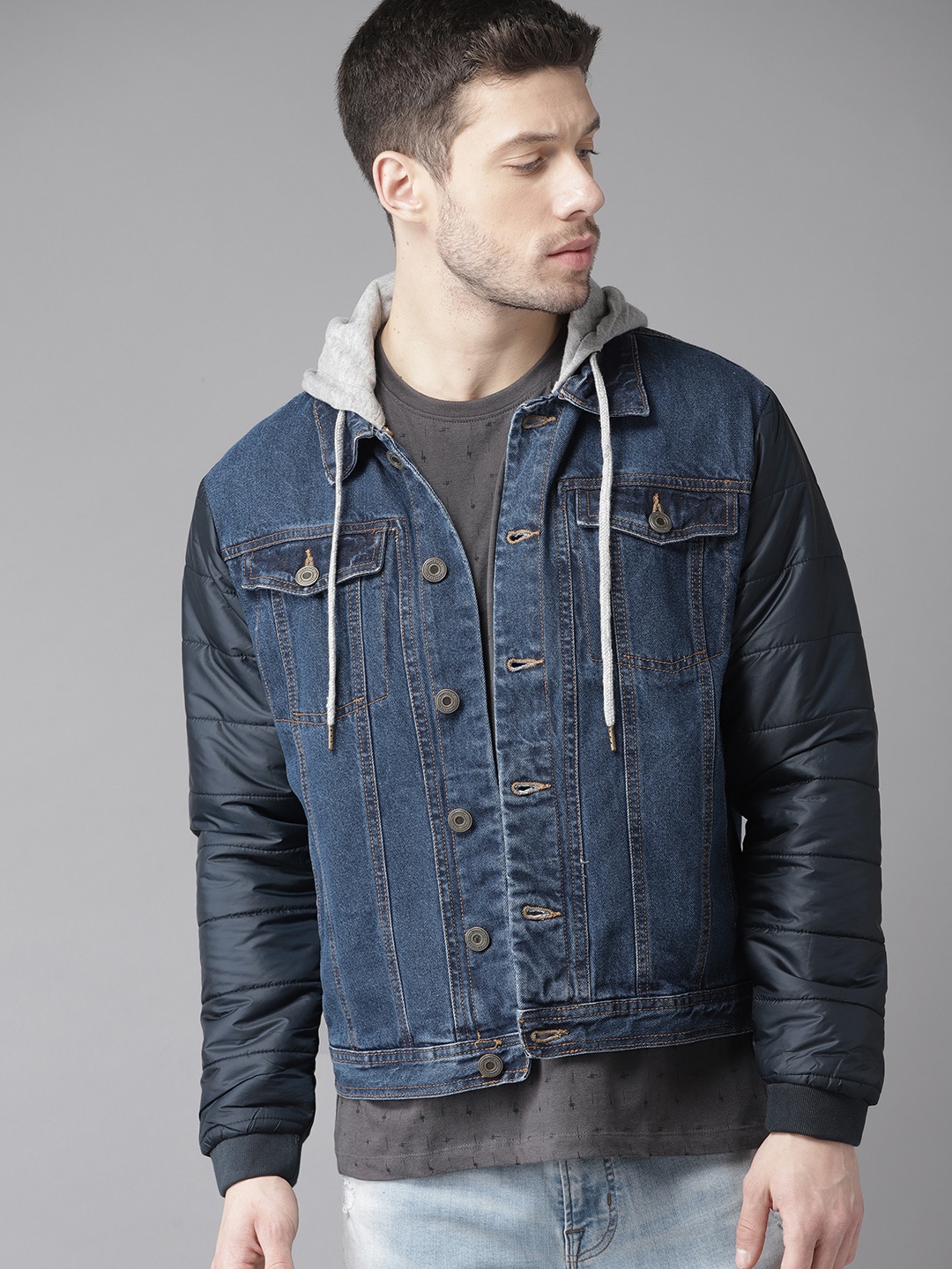 

The Roadster Lifestyle Co Men Navy Solid Hooded Denim Jacket, Navy blue