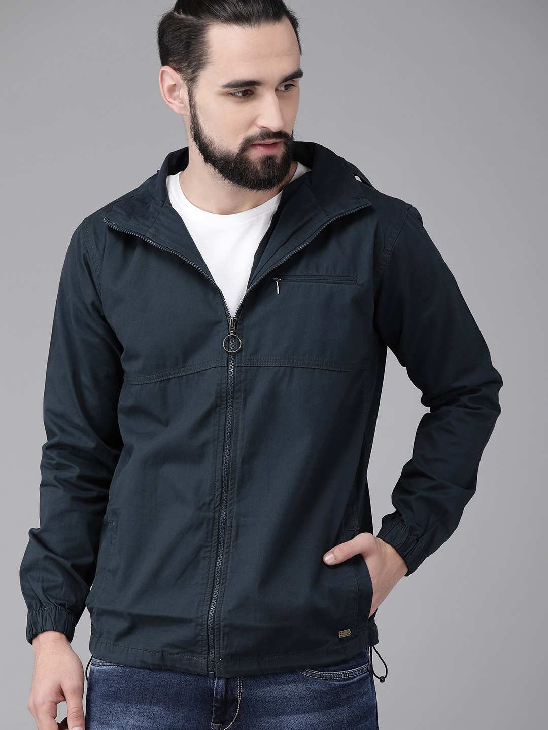 

Roadster Men Navy Blue Solid Tailored Jacket with Detachable Hood