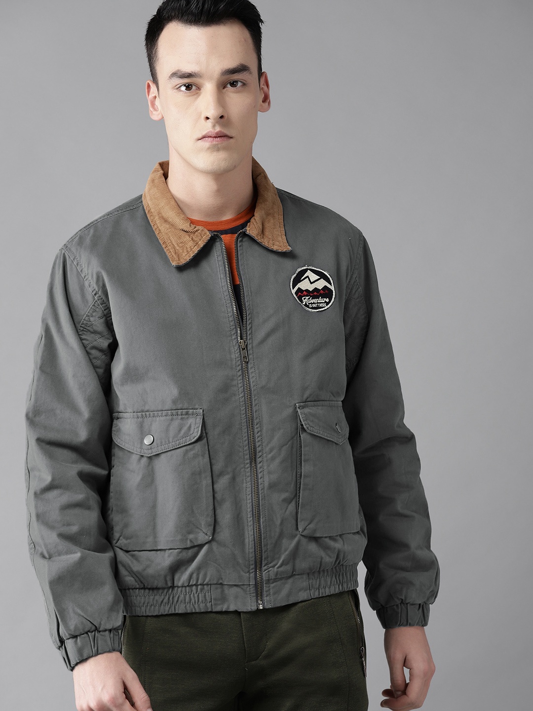 

The Roadster Lifestyle Co Men Grey Solid Bomber Jacket