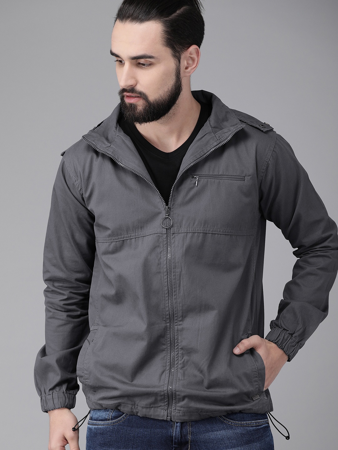 

The Roadster Lifestyle Co Men Grey Solid Tailored Jacket with Detachable Hood
