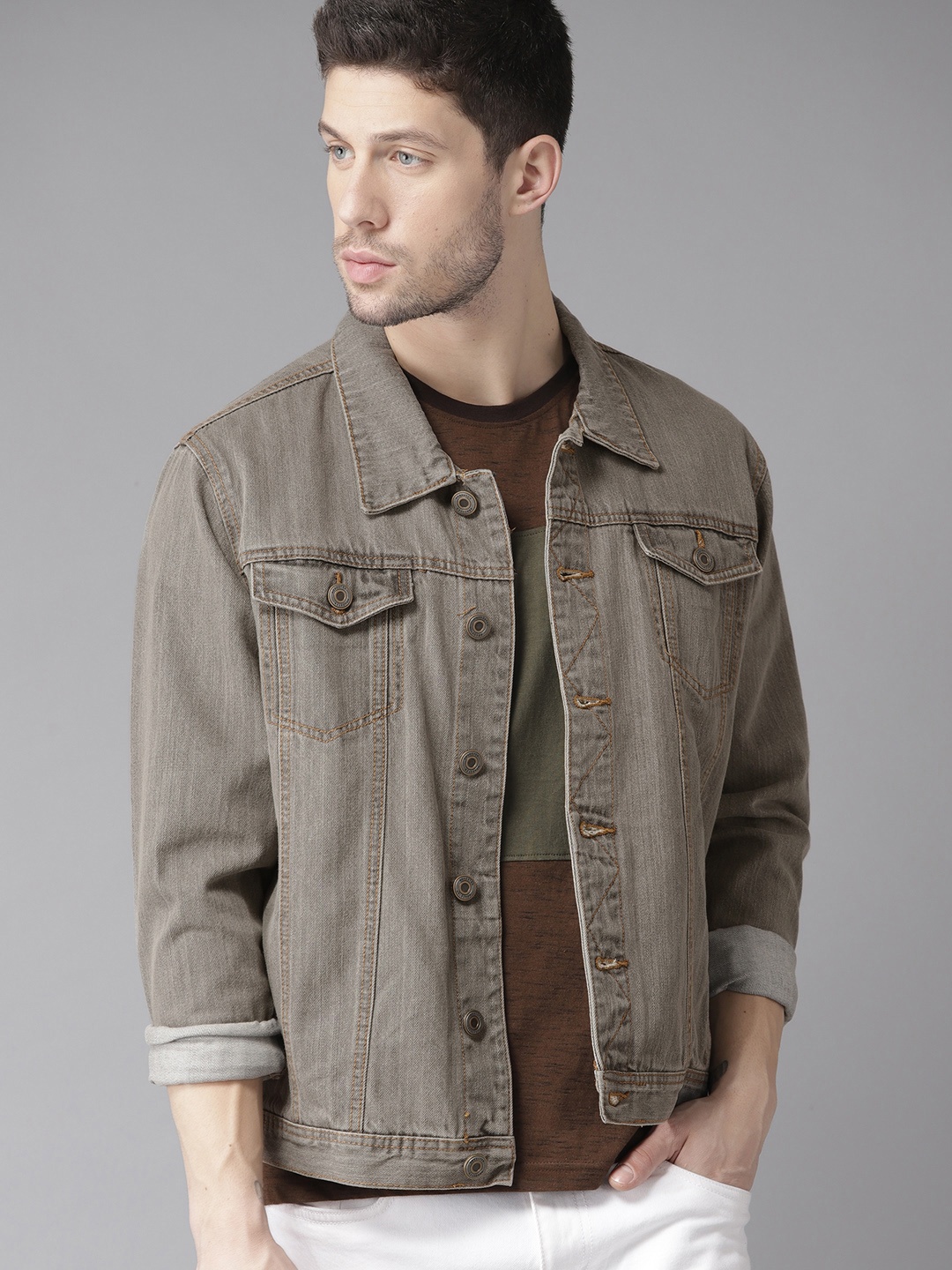 

The Roadster Lifestyle Co Men Grey Solid Denim Jacket